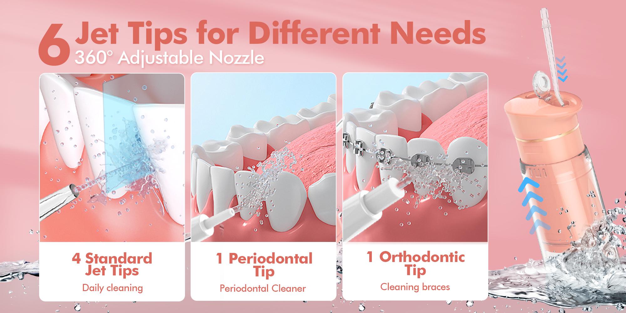 Water Flosser Mini Cordless Portable: 5 Modes Water Dental Floss with Telescopic Water Tank, 6 Tips, IPX7 Waterproof Oral Irrigator for Teeth Cleaning Gums,Orthodontic,Braces Dental Care (Peach Fuzz)
