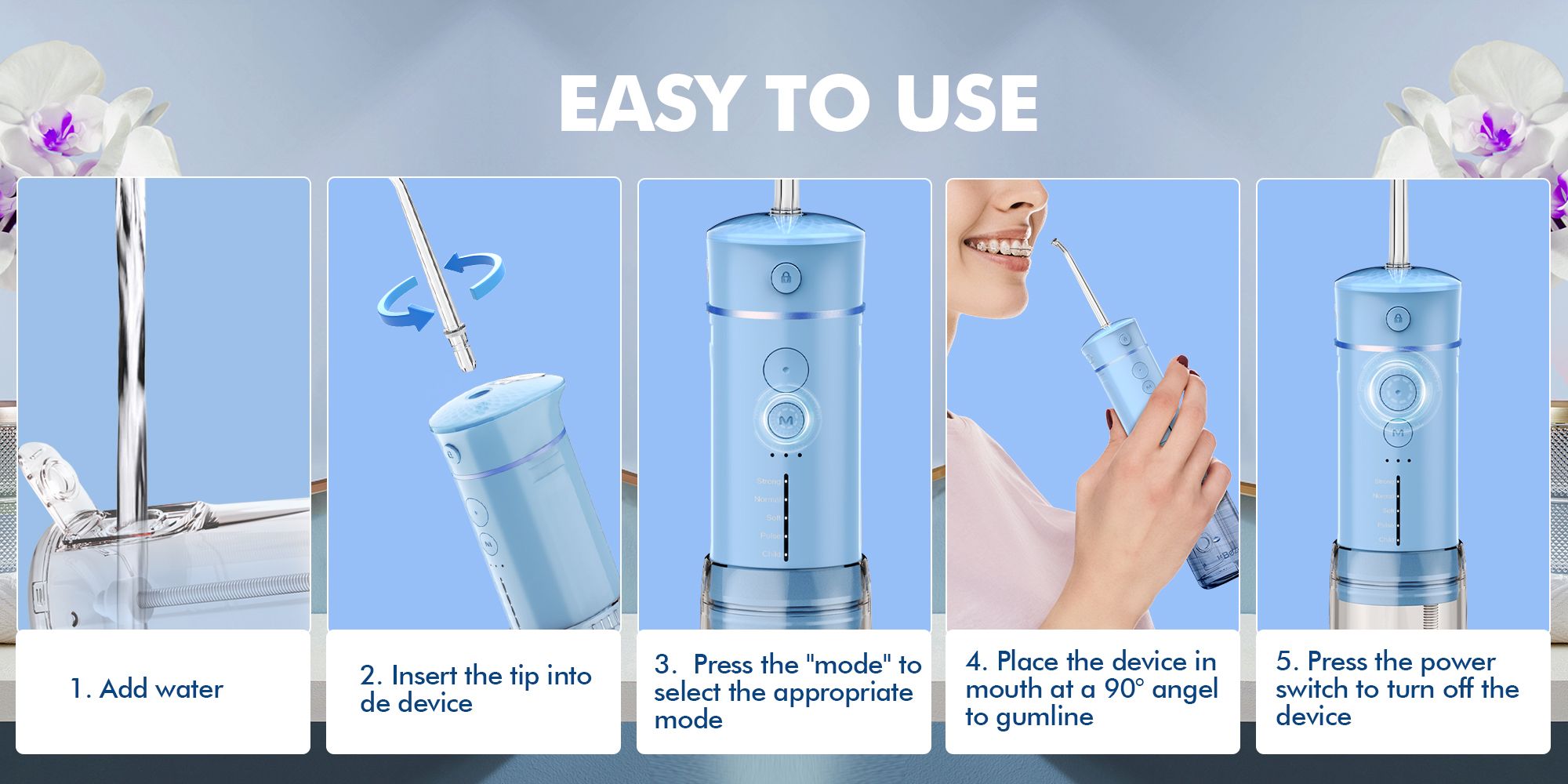 Water Flosser Mini Cordless Portable: 5 Modes Water Dental Floss with Telescopic Water Tank, 6 Tips, IPX7 Waterproof Oral Irrigator for Teeth Cleaning Gums,Orthodontic,Braces Dental Care (Sky Blue)