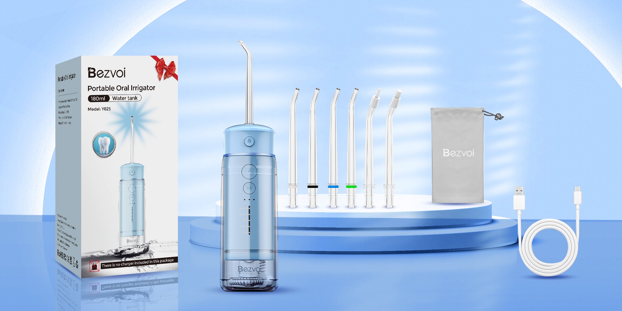 Water Flosser Mini Cordless Portable: 5 Modes Water Dental Floss with Telescopic Water Tank, 6 Tips, IPX7 Waterproof Oral Irrigator for Teeth Cleaning Gums,Orthodontic,Braces Dental Care (Sky Blue)