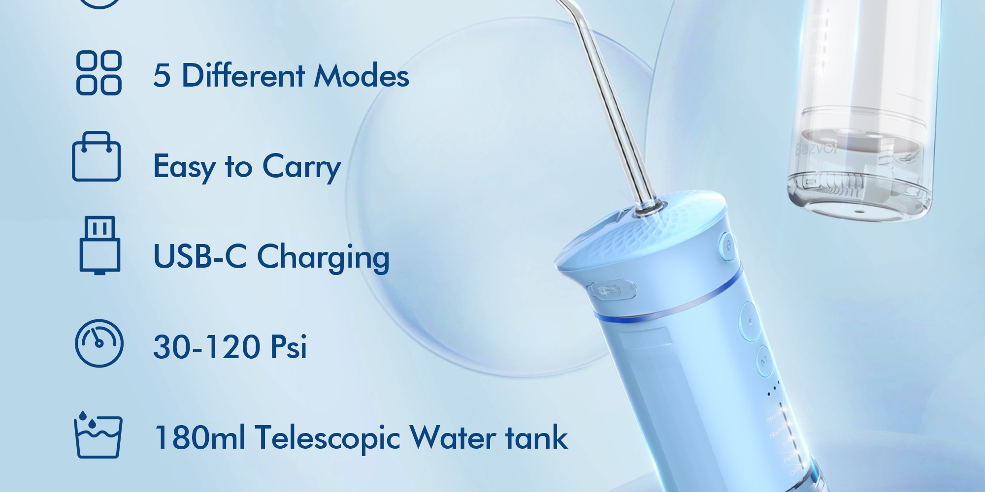 Water Flosser Mini Cordless Portable: 5 Modes Water Dental Floss with Telescopic Water Tank, 6 Tips, IPX7 Waterproof Oral Irrigator for Teeth Cleaning Gums,Orthodontic,Braces Dental Care (Sky Blue)