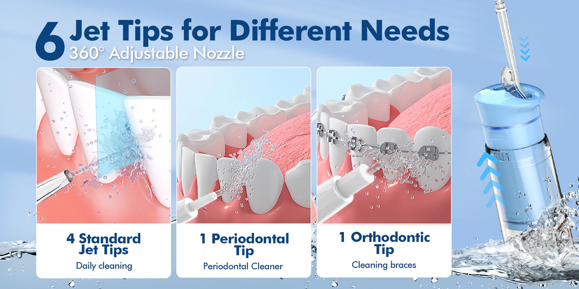 Water Flosser Mini Cordless Portable: 5 Modes Water Dental Floss with Telescopic Water Tank, 6 Tips, IPX7 Waterproof Oral Irrigator for Teeth Cleaning Gums,Orthodontic,Braces Dental Care (Sky Blue)