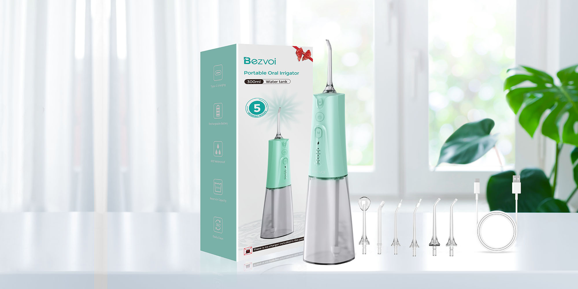 Water Flosser Teeth Pick: 5 Modes Cordless Water Dental Floss 300ML Portable Rechargeable IPX7 Waterproof Electric Water Flossing Cleaning Picks with 6 Jet Tips Oral Irrigator, Mint Green