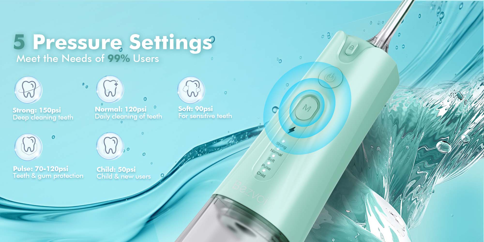 Water Flosser Teeth Pick: 5 Modes Cordless Water Dental Floss 300ML Portable Rechargeable IPX7 Waterproof Electric Water Flossing Cleaning Picks with 6 Jet Tips Oral Irrigator, Mint Green