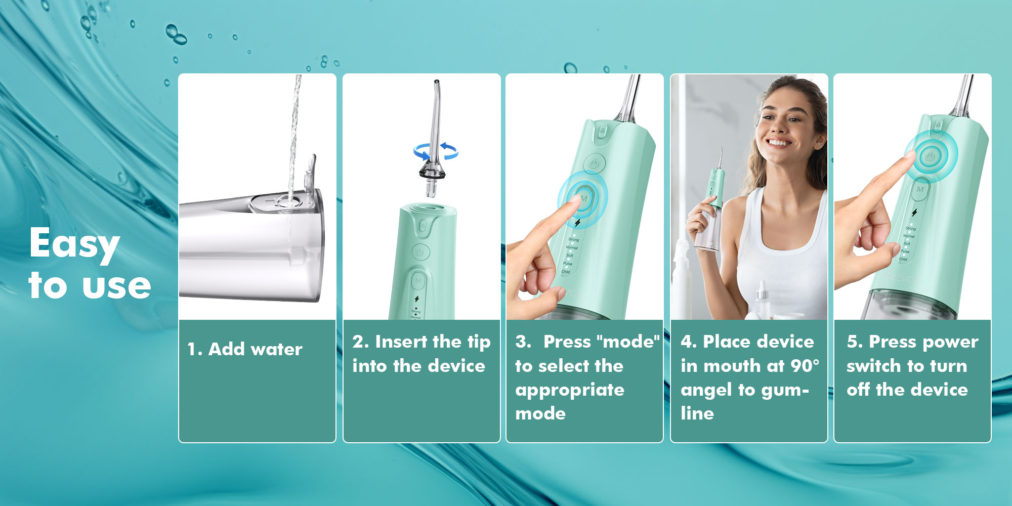 Water Flosser Teeth Pick: 5 Modes Cordless Water Dental Floss 300ML Portable Rechargeable IPX7 Waterproof Electric Water Flossing Cleaning Picks with 6 Jet Tips Oral Irrigator, Mint Green