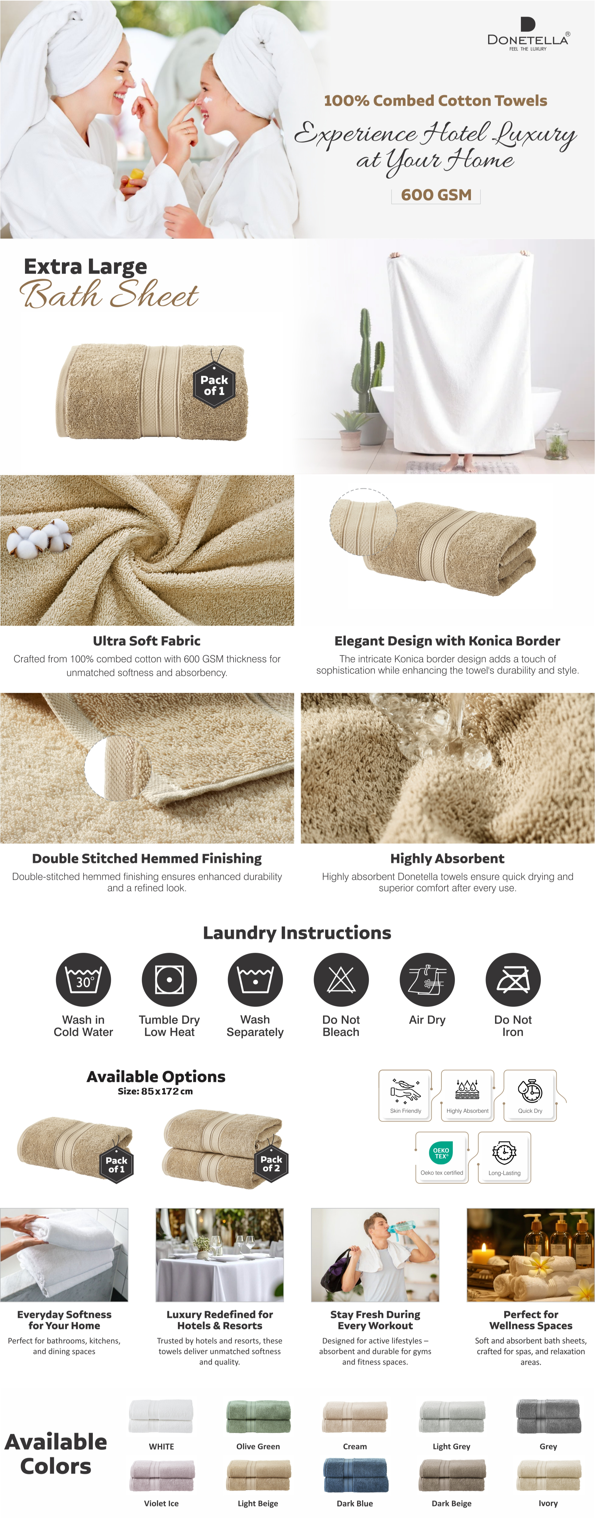 Premium 100 % Combed Cotton 1-Pcs Bath Sheet (85 X 172 CM) 600 GSM Large Towel, Highly Absorbent, Quick Dry,Best Towel for Bathroom, Spa And Hotel,White