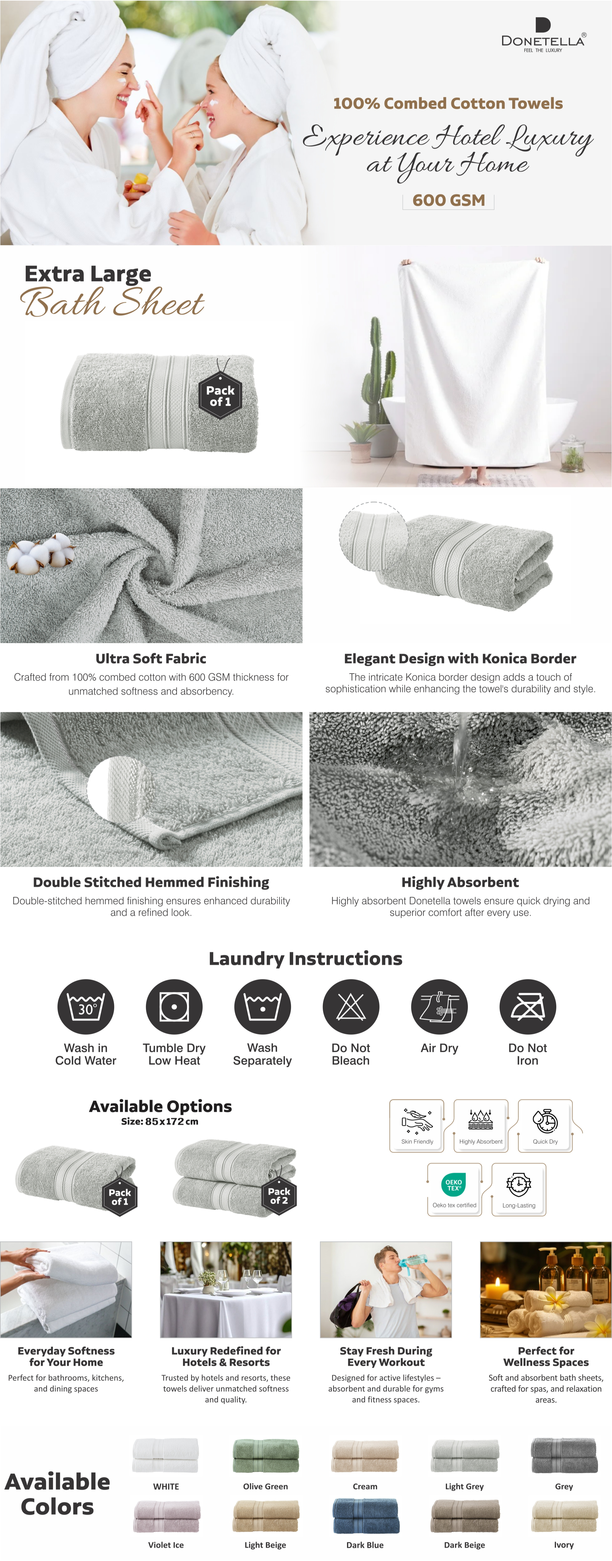 Premium 100 % Combed Cotton 1-Pcs Bath Sheet (85 X 172 CM) 600 GSM Large Towel, Highly Absorbent, Quick Dry,Best Towel for Bathroom, Spa And Hotel,White