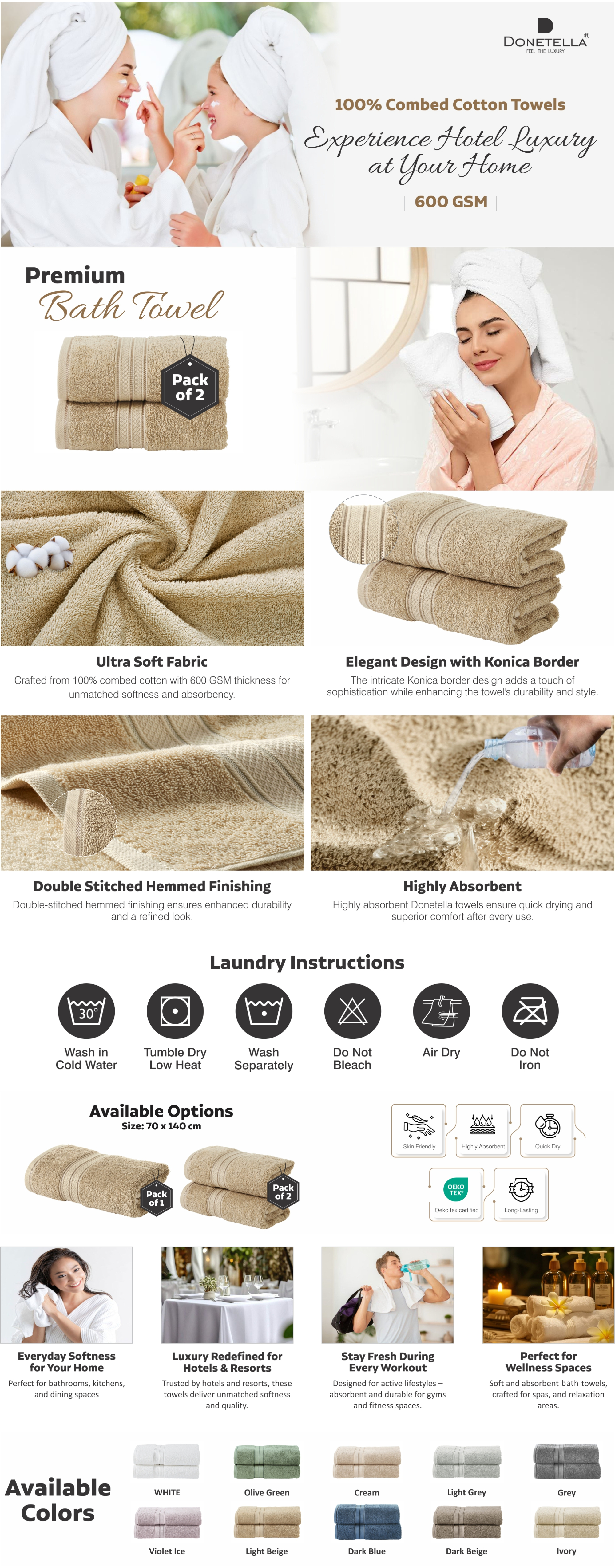 Premium 100 % Combed Cotton 2-Pcs Bath Towel Set (70 X 140 CM) 600 GSM Large Towel, Highly Absorbent, Quick Dry,Best Towel for Bathroom, Spa And Hotel,White
