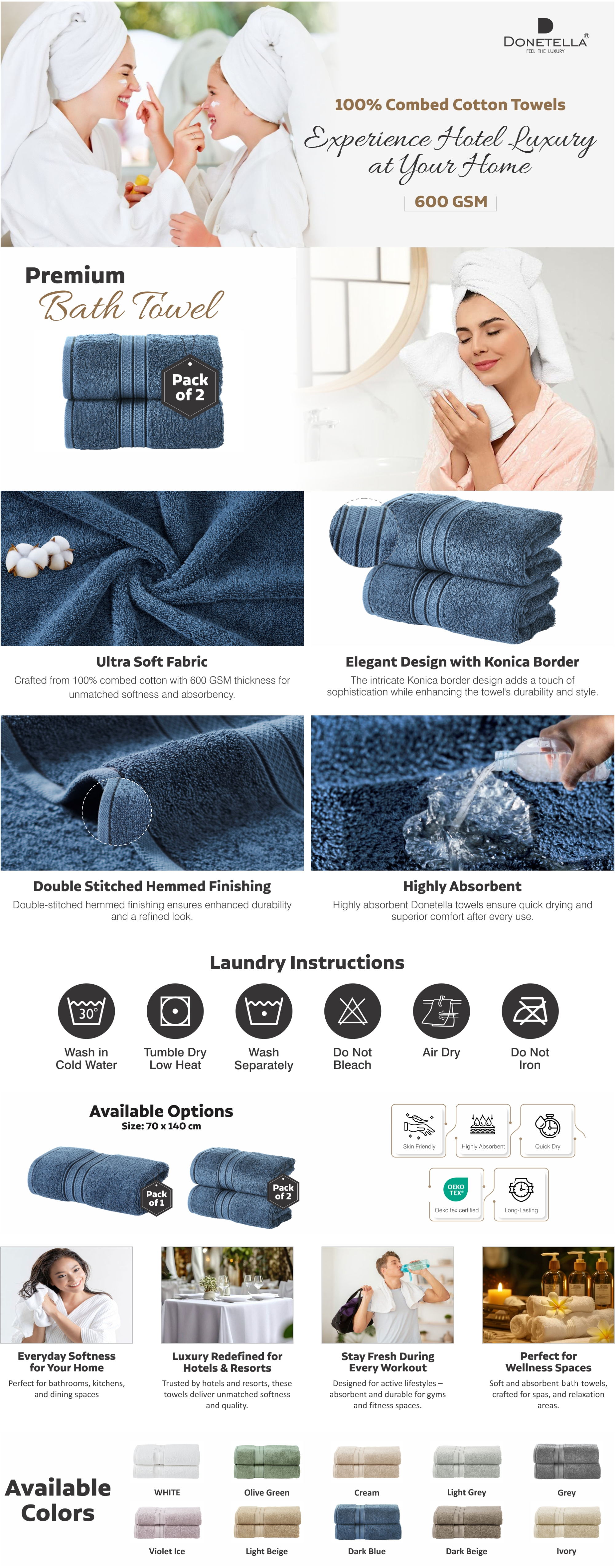 Premium 100 % Combed Cotton 2-Pcs Bath Towel Set (70 X 140 CM) 600 GSM Large Towel, Highly Absorbent, Quick Dry,Best Towel for Bathroom, Spa And Hotel.