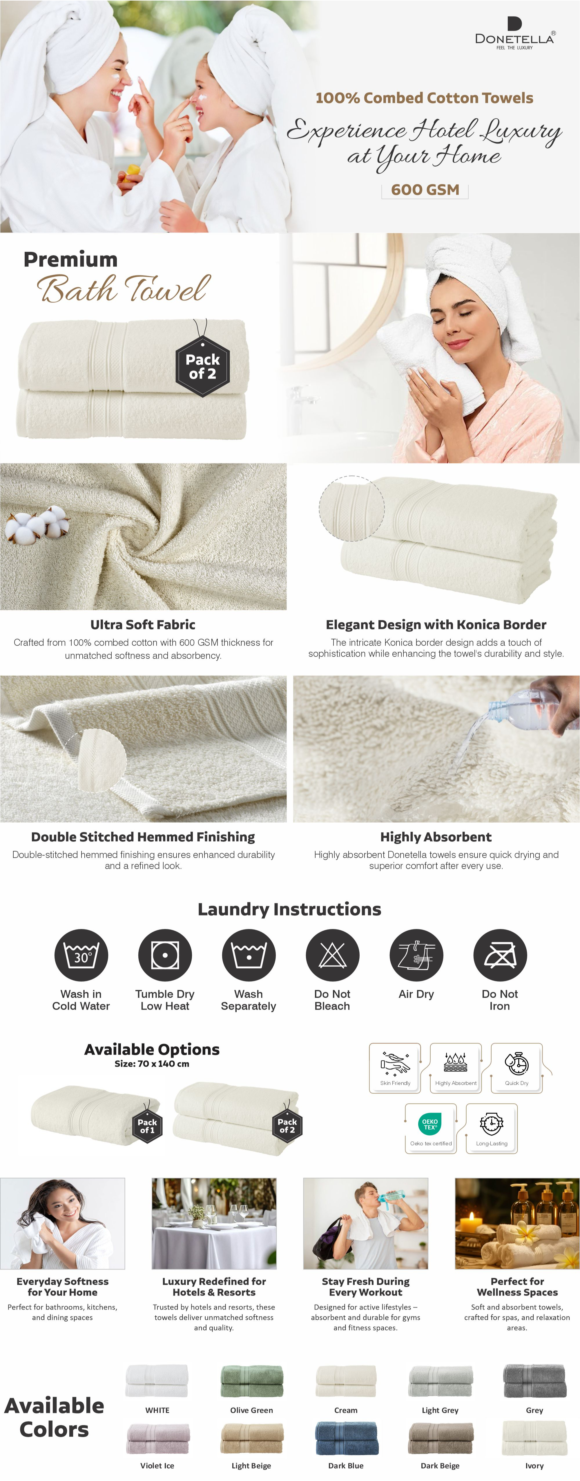 Premium 100 % Combed Cotton 2-Pcs Bath Towel Set (70 X 140 CM) 600 GSM Large Towel, Highly Absorbent, Quick Dry,Best Towel for Bathroom, Spa And Hotel,White