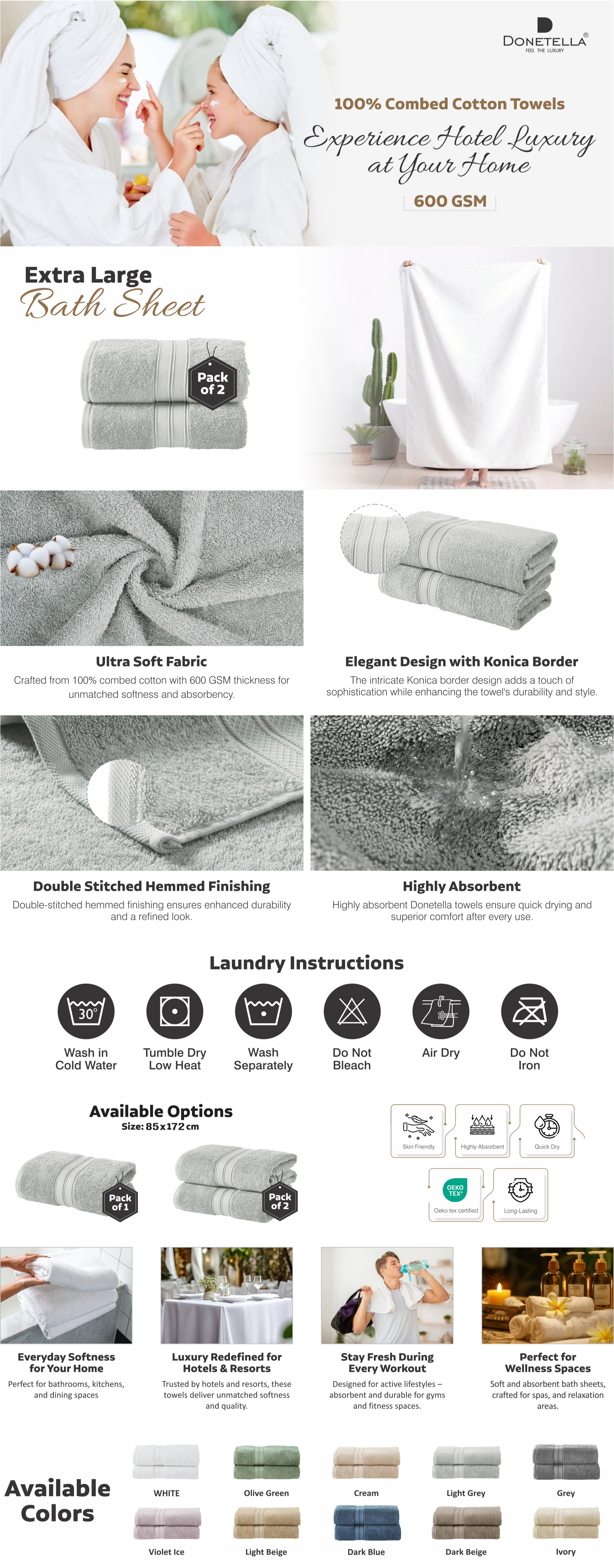 Premium 100 % Combed Cotton 2-Pcs Bath Sheet Set (85 X 172 CM) 600 GSM Large Towel, Highly Absorbent, Quick Dry,Best Towel for Bathroom, Spa And Hotel.