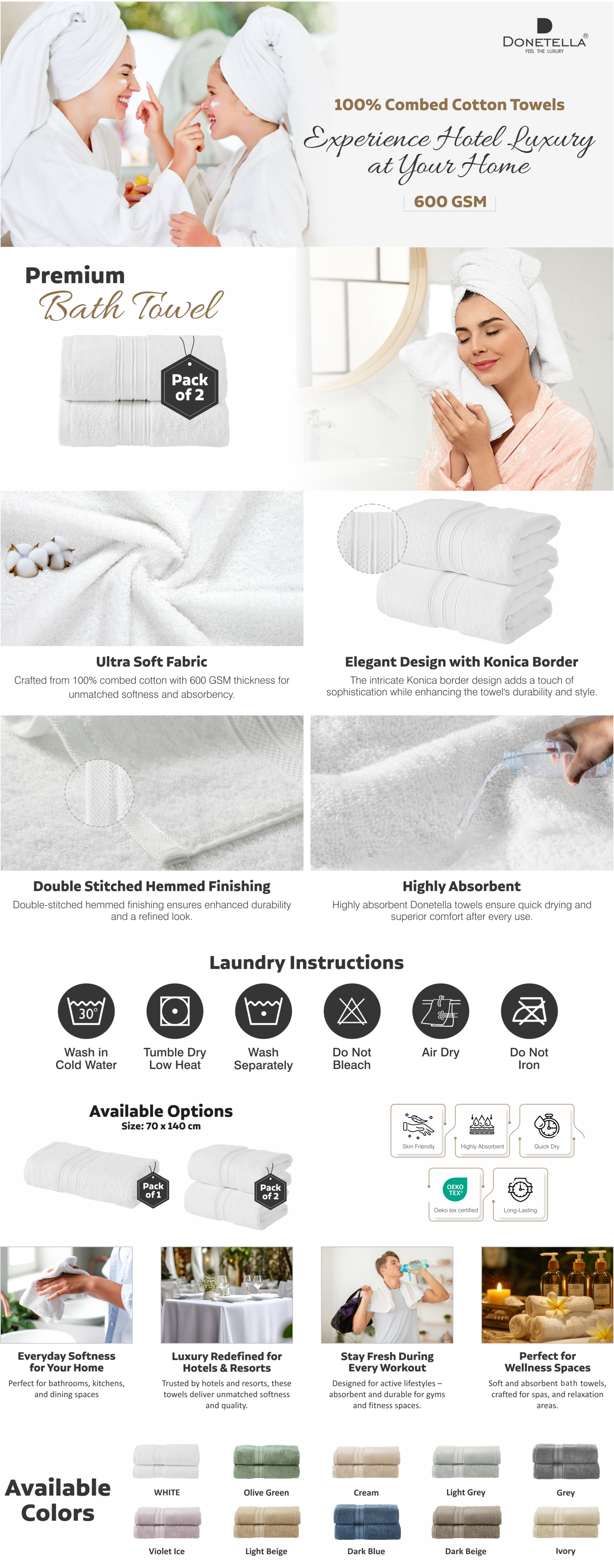 Premium 100 % Combed Cotton 2-Pcs Bath Towel Set (70 X 140 CM) 600 GSM Large Towel, Highly Absorbent, Quick Dry,Best Towel for Bathroom, Spa And Hotel,White