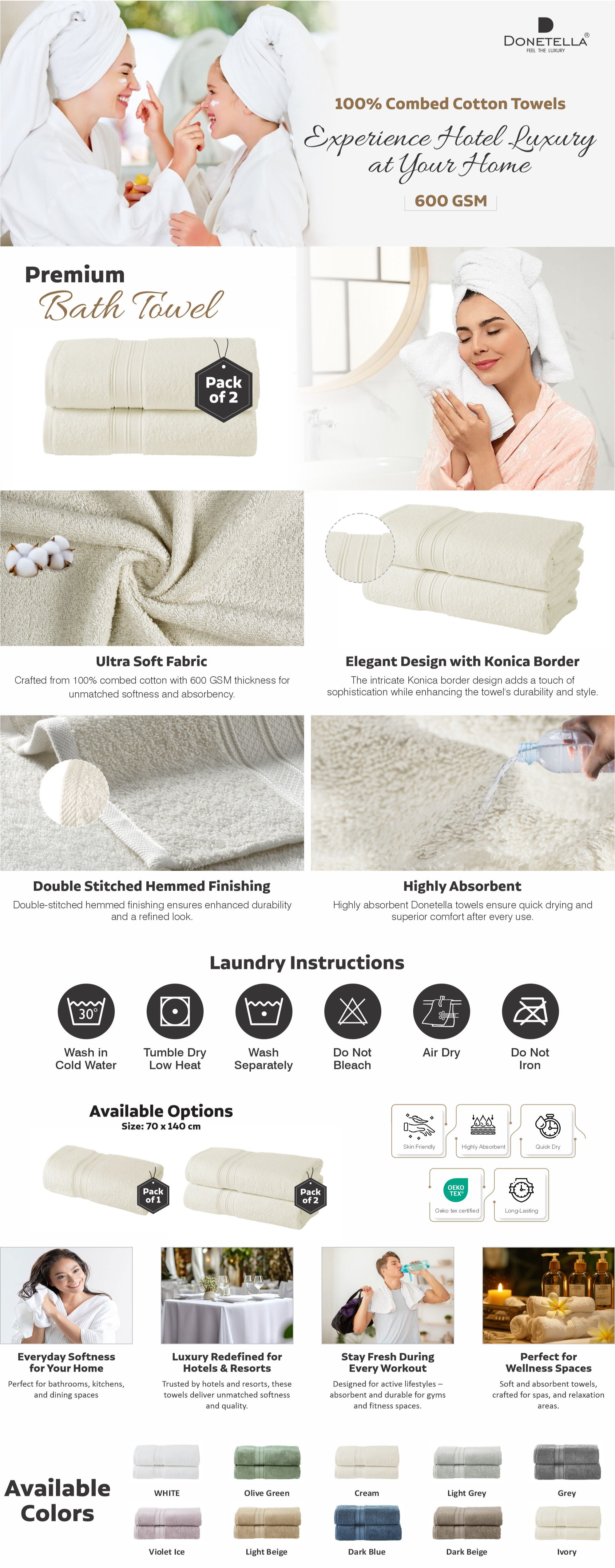 Premium 100 % Combed Cotton 2-Pcs Bath Towel Set (70 X 140 CM) 600 GSM Large Towel, Highly Absorbent, Quick Dry,Best Towel for Bathroom, Spa And Hotel,White