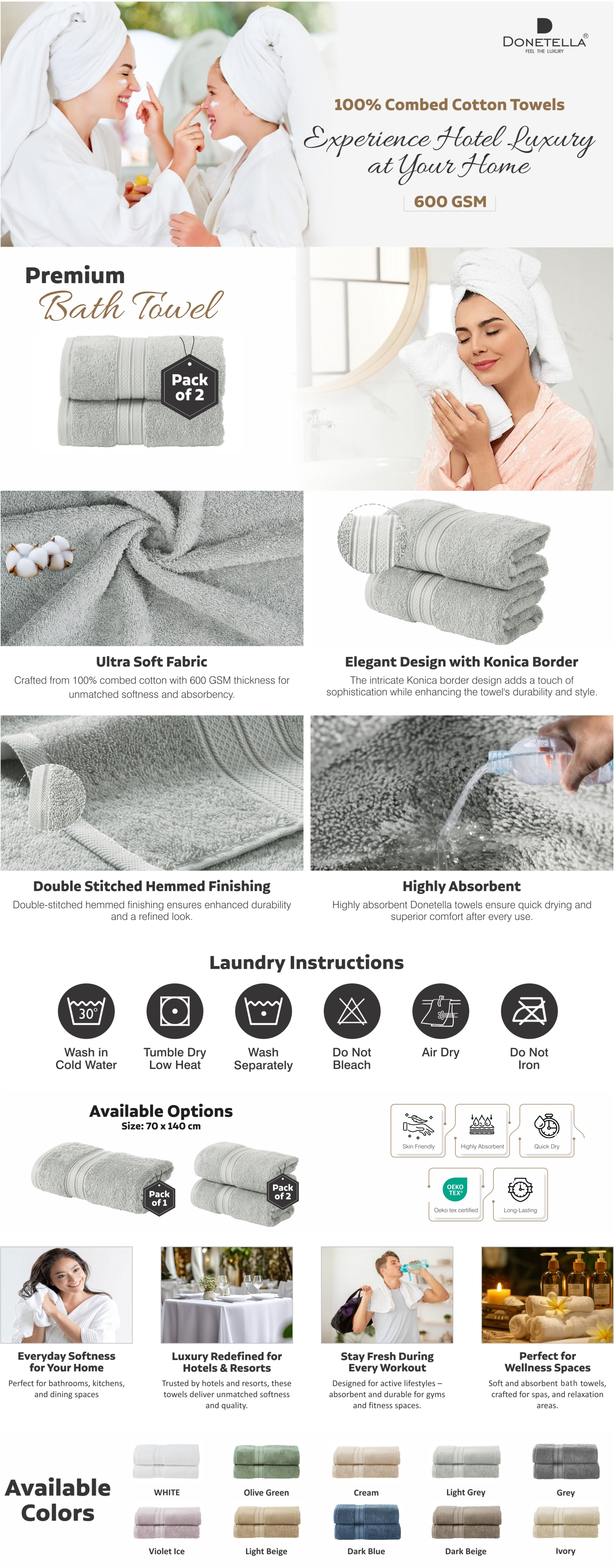 Premium 100 % Combed Cotton 2-Pcs Bath Towel Set (70 X 140 CM) 600 GSM Large Towel, Highly Absorbent, Quick Dry,Best Towel for Bathroom, Spa And Hotel