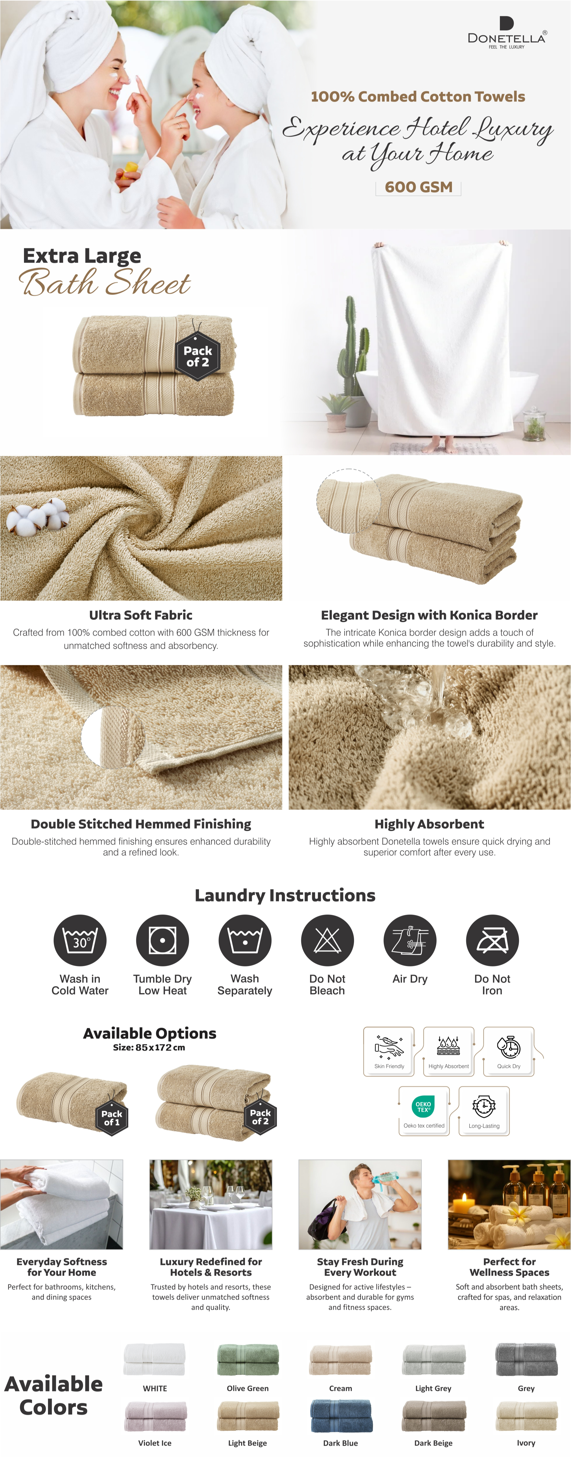 Premium 100 % Combed Cotton 2-Pcs Bath Sheet Set (85 X 172 CM) 600 GSM Large Towel, Highly Absorbent, Quick Dry,Best Towel for Bathroom, Spa And Hotel.