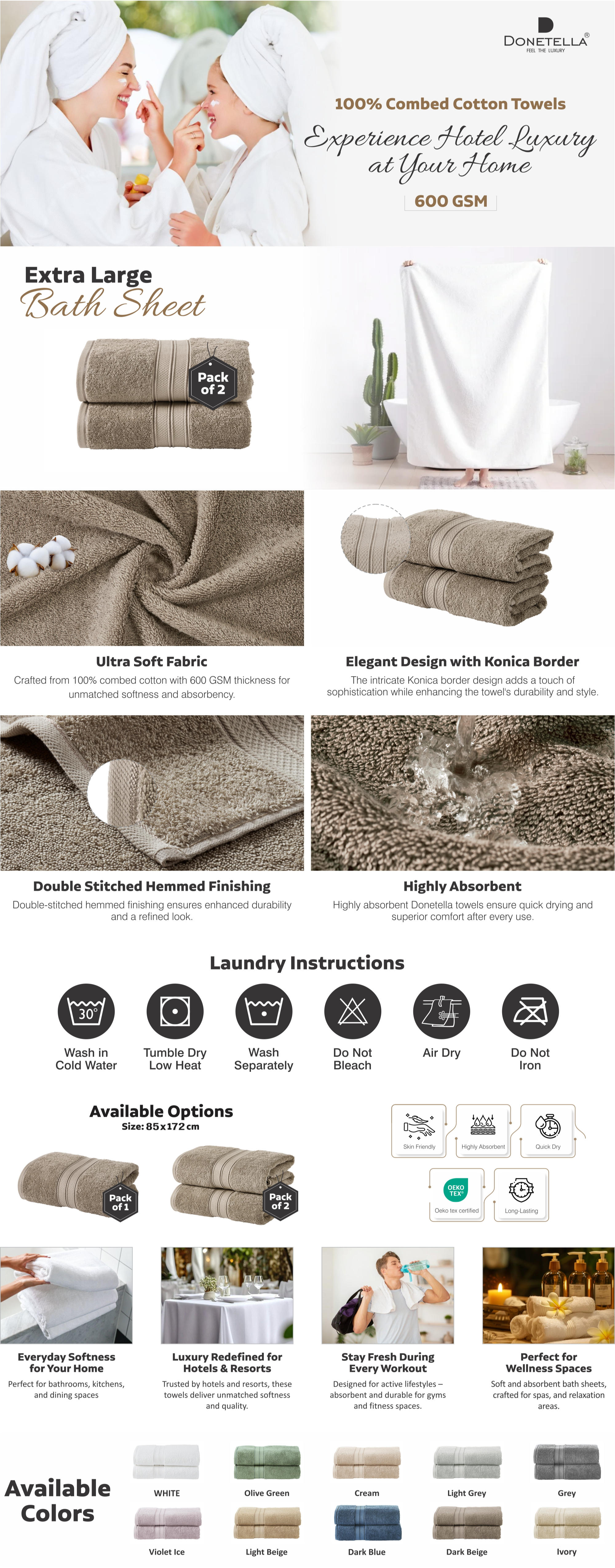 Premium 100 % Combed Cotton 2-Pcs Bath Sheet Set (85 X 172 CM) 600 GSM Large Towel, Highly Absorbent, Quick Dry,Best Towel for Bathroom, Spa And Hotel.