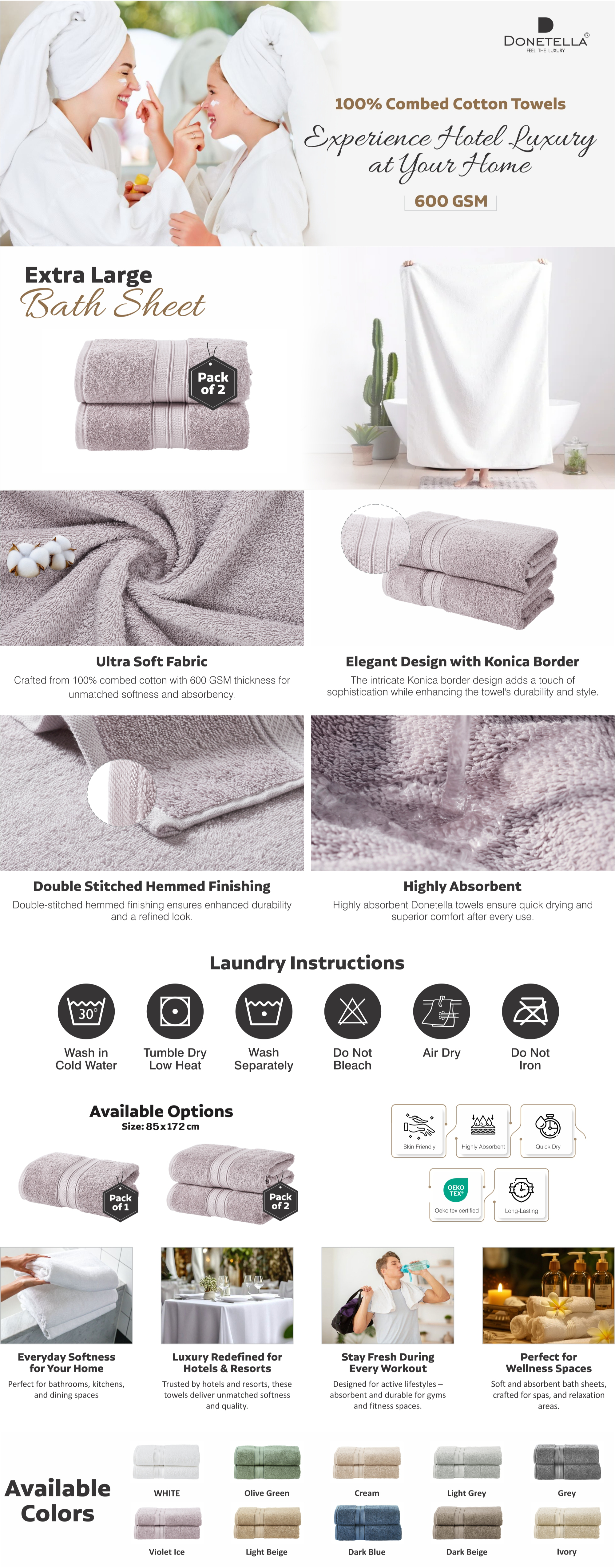 Premium 100 % Combed Cotton 2-Pcs Bath Sheet Set (85 X 172 CM) 600 GSM Large Towel, Highly Absorbent, Quick Dry,Best Towel for Bathroom, Spa And Hotel,White