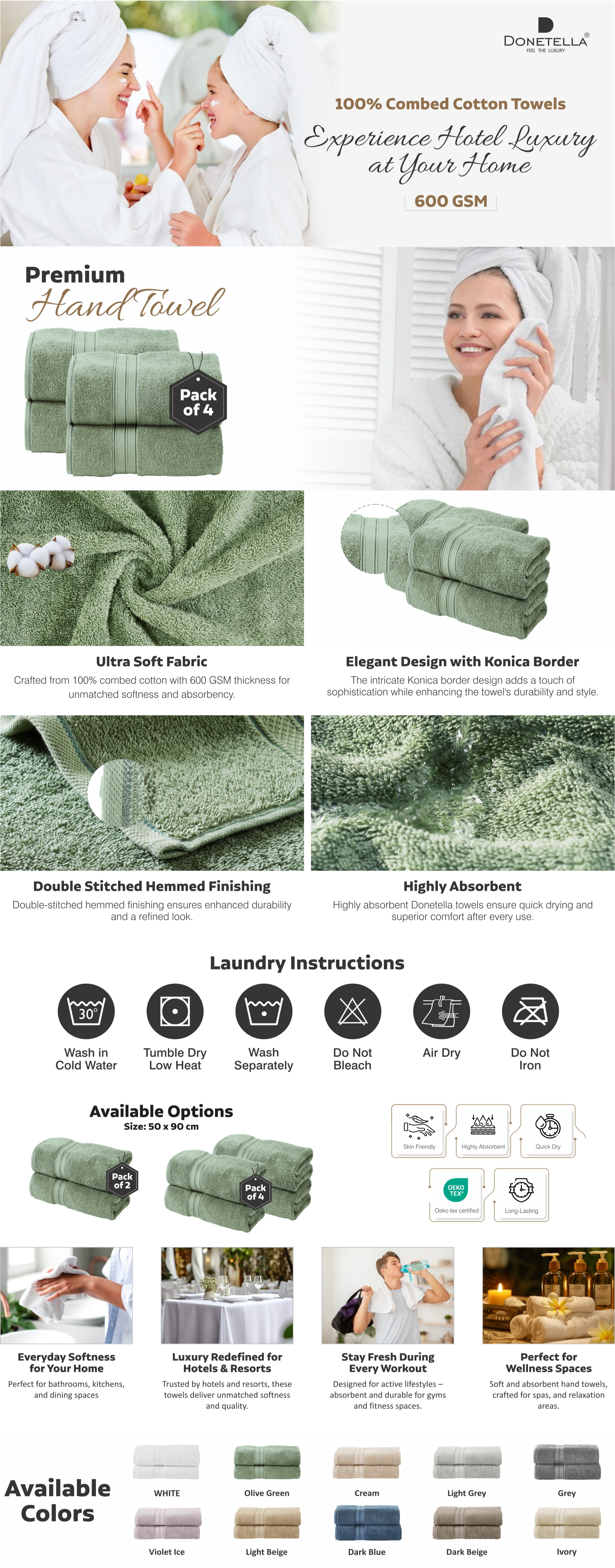 Premium 100 % Combed Cotton 4-Pcs Hand Towel Set (50 X 90 CM) 600 GSM Super Soft Hand Towel, Highly Absorbent, Quick Dry,Best Towel for Bathroom, Spa And Hotel