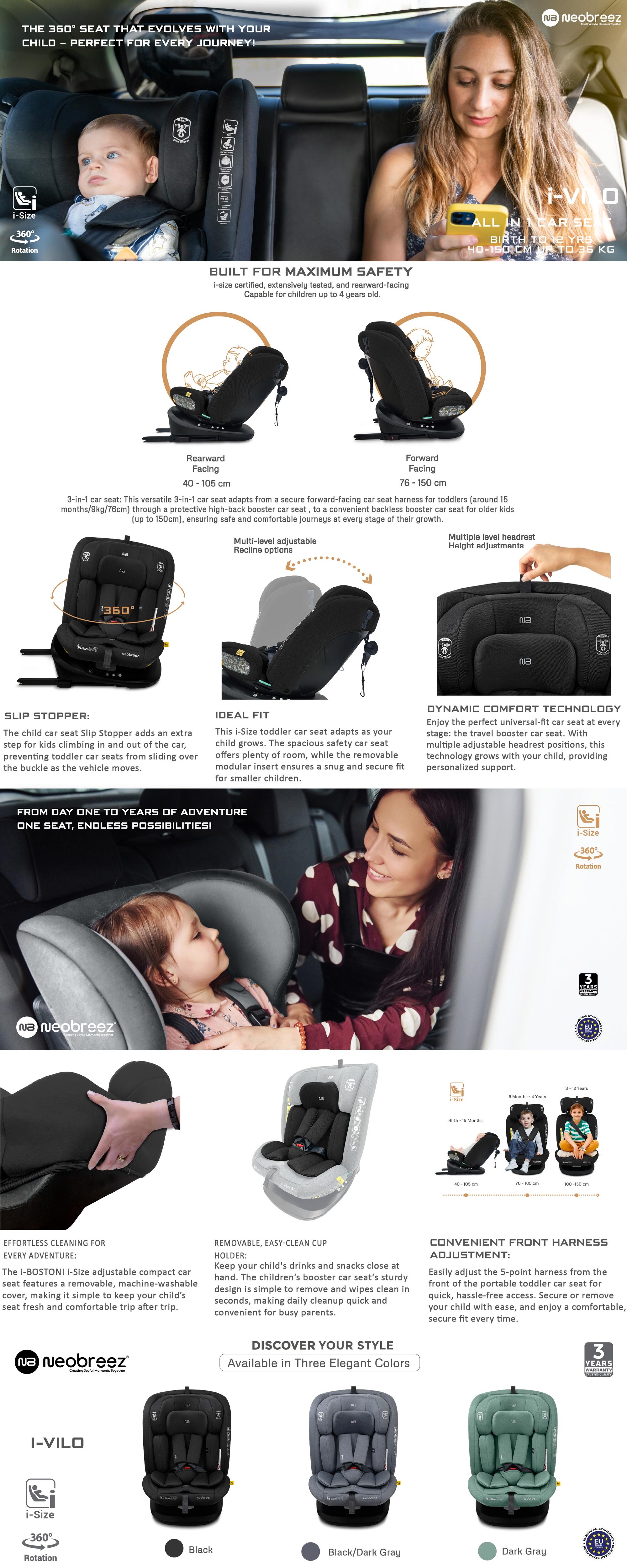 I-VILO 360° Rotatable ISOFIX All-in-1 Convertible Baby Toddler Kids Child Car Seat, I-Size ECER129,  Recline&Adjustable, Side Impact Protection, Memory Foam 0-12Yrs, 0-36Kg, Group 0+/1/2/3, 5 Point Harness