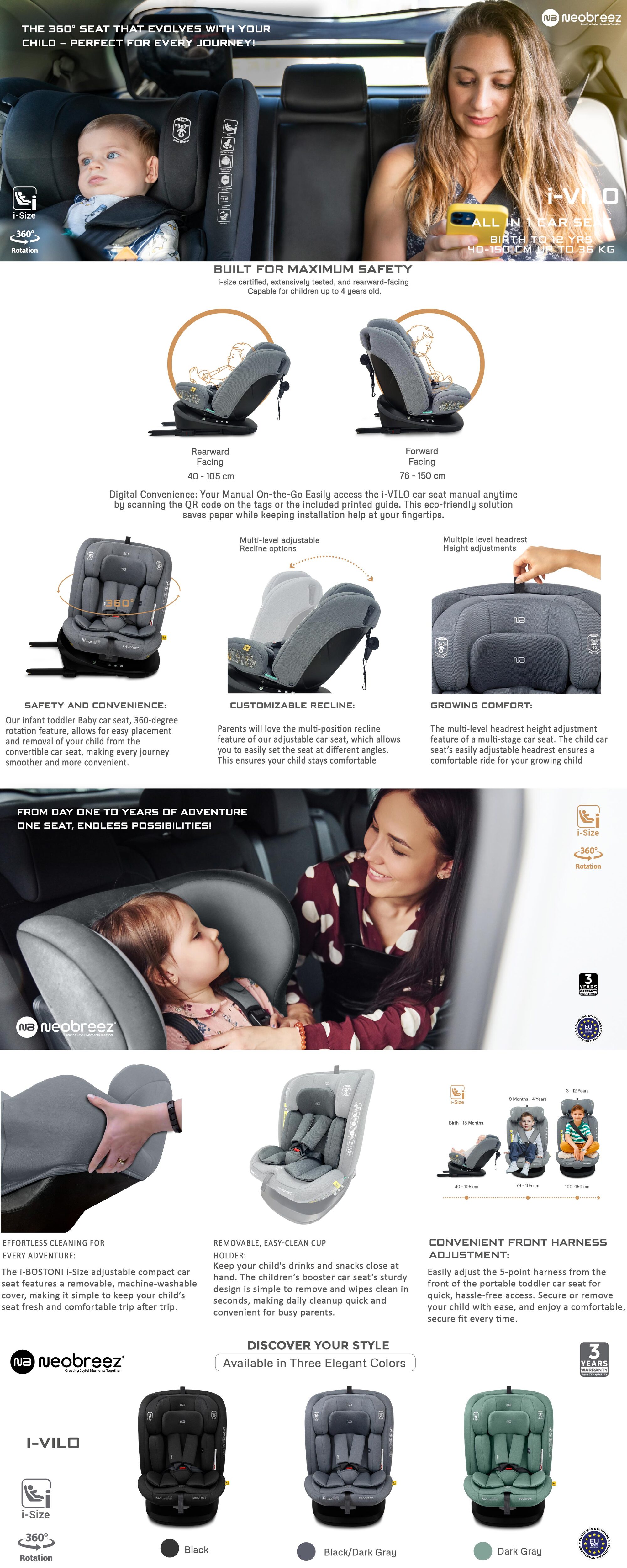 I-VILO 360° Rotatable ISOFIX All-in-1 Convertible Baby Toddler Kids Child Car Seat, I-Size ECER129,  Recline&Adjustable, Side Impact Protection, Memory Foam 0-12Yrs, 0-36Kg, Group 0+/1/2/3, 5 Point Harness