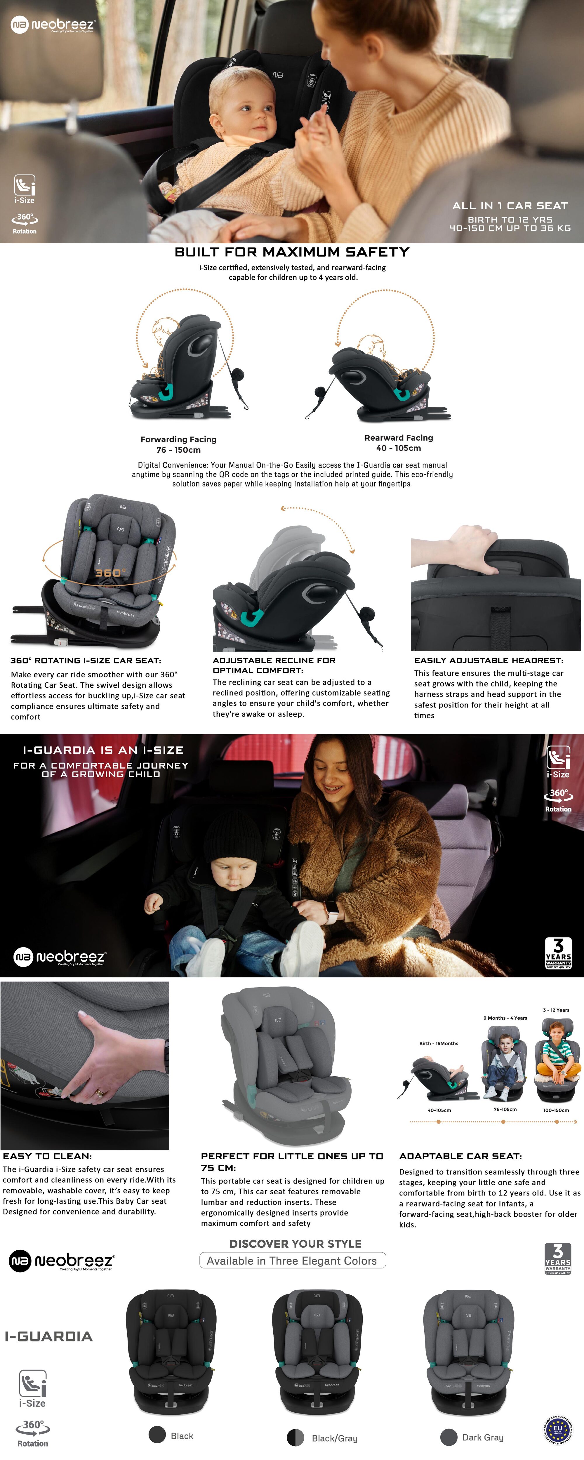 i-GUARDIA 360° ISOFIX i-Size Baby Car Seat, All-in-1 Convertible Kids Toddler Seat, ECER129, Recline& Adjustable, Side Impact Protection, Memory Foam 0-12Yrs, 0-36Kg, Group 0 +/1/2/5, 5-Point Harness