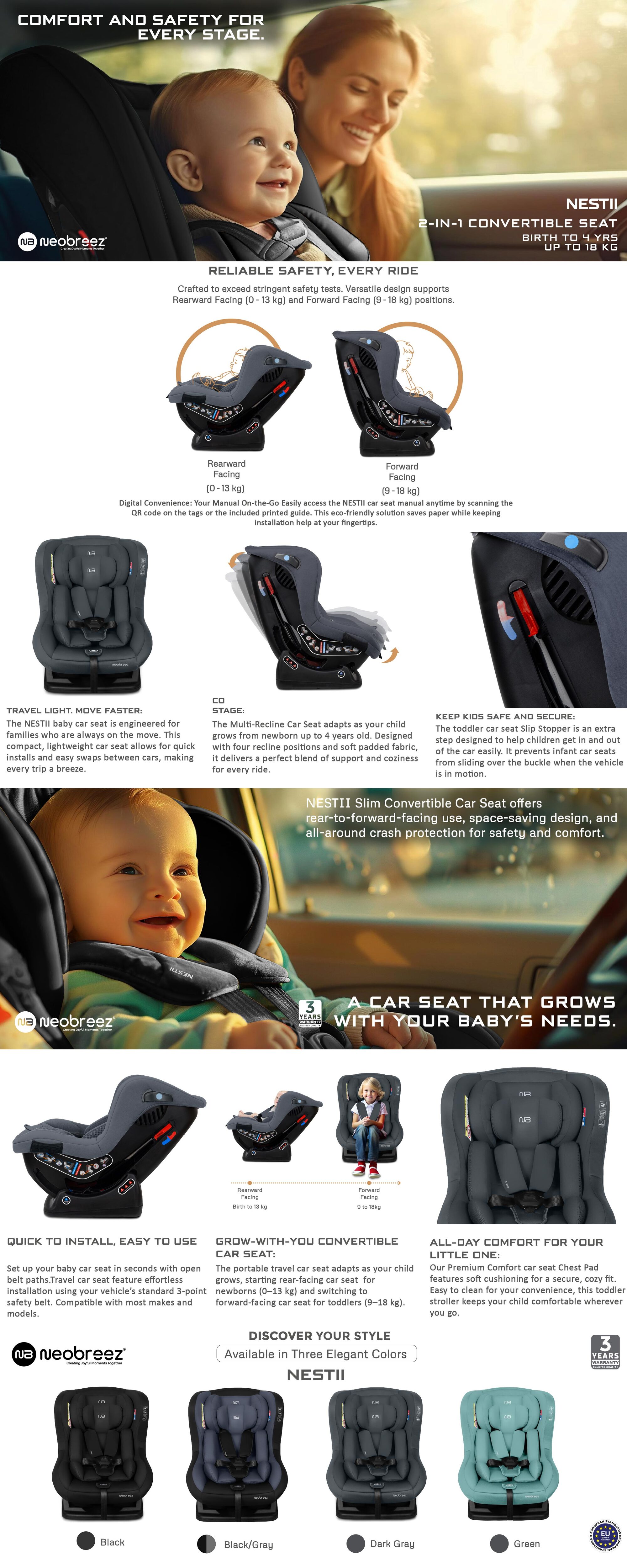 NESTII Infant/Baby/Kids/Toddler Travel 2 In 1 Convertible Car Seat, ECER44, Reducer & Wedge, Forward Facing&Rear Facing,  Slip Stopper, Injection Mold, 4 Level Recline, 0-4Yrs, 18Kg, Group 0+/1, 5 Point Harness