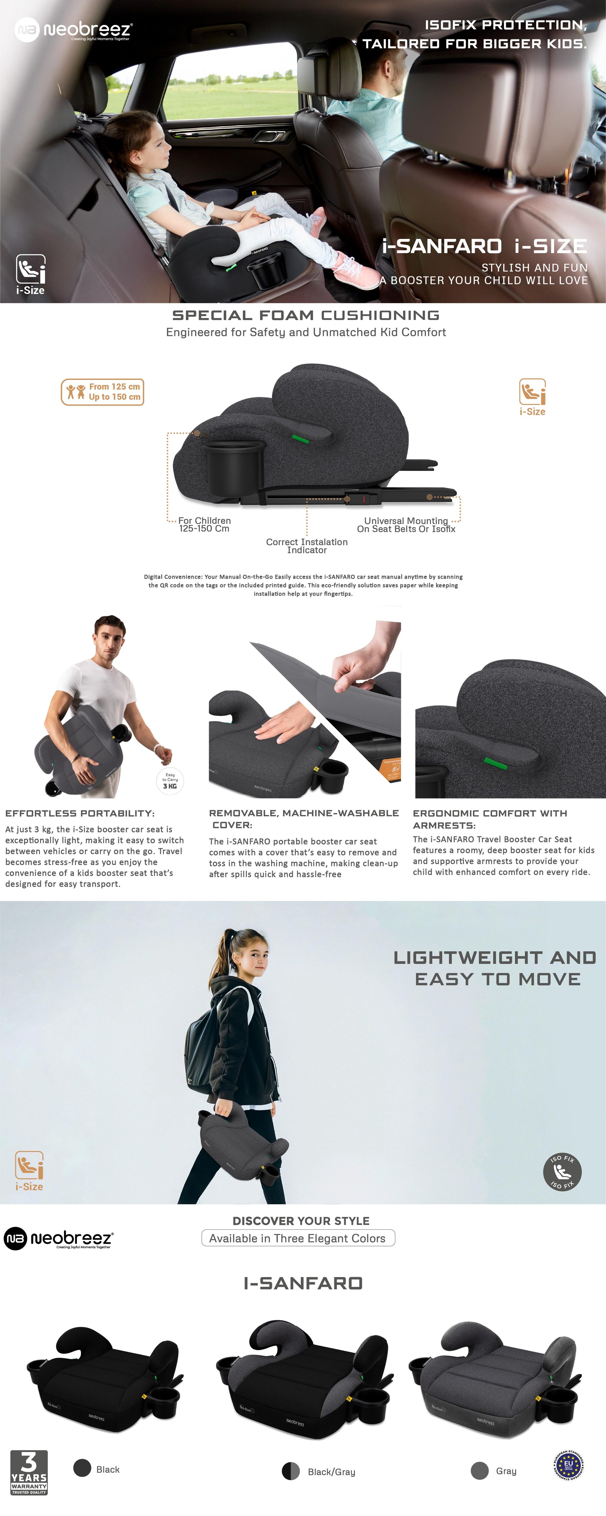 i-SANFARO ISOFIX Backless Booster Car Seat, Double Padded Foam, Compact, Lightweight&Portable Travel Kids Childrens Toddler Booster Seat, Arm Rest Seat, 2 Cup Holder, ECER129, 6-12Yrs, 22-36Kg, Group 3