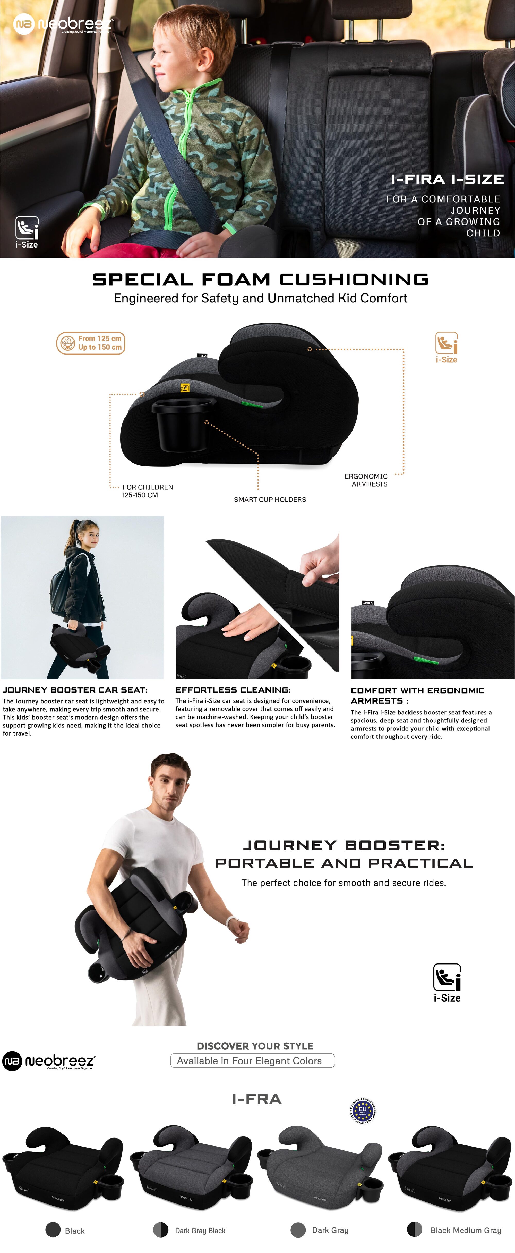 I-FIRA I-Size Backless Booster Car Seat, Double Padded Foam, Compact, Lightweight&Portable Travel Childrens Kids Boys Girls Car Seat, Arm Rest Seat, 2 Cup Holder, ECER129, 6-12Yrs, 22-36Kg, Group 3