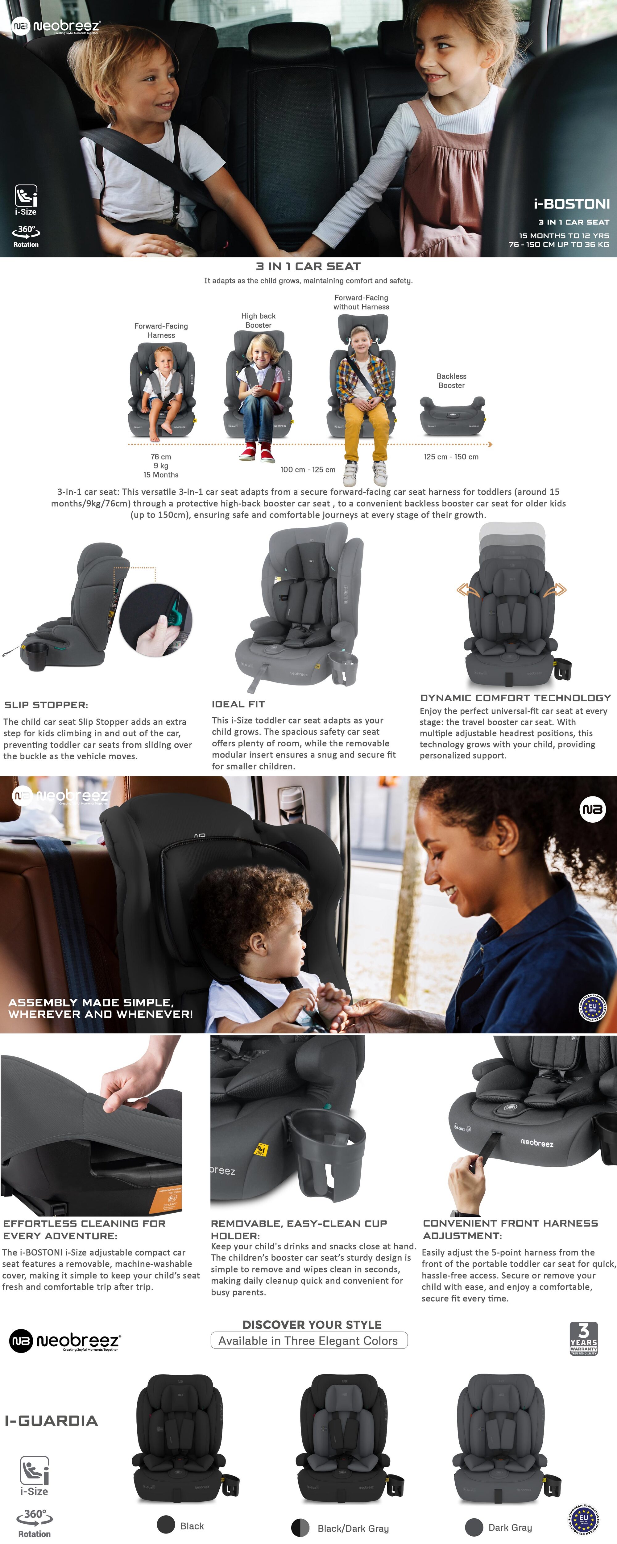 I-BOSTONI Universal Baby/Kids/Child/Toddler Safety 3-In-1 Car Seat, I-Size,  ECER129, High Back Booster Car Seat, Adjustable Headrest, 3-Point Safety Belt, 9-36 Kg, 15m-12Yrs, Group 1/2/3, 5-Point Harness