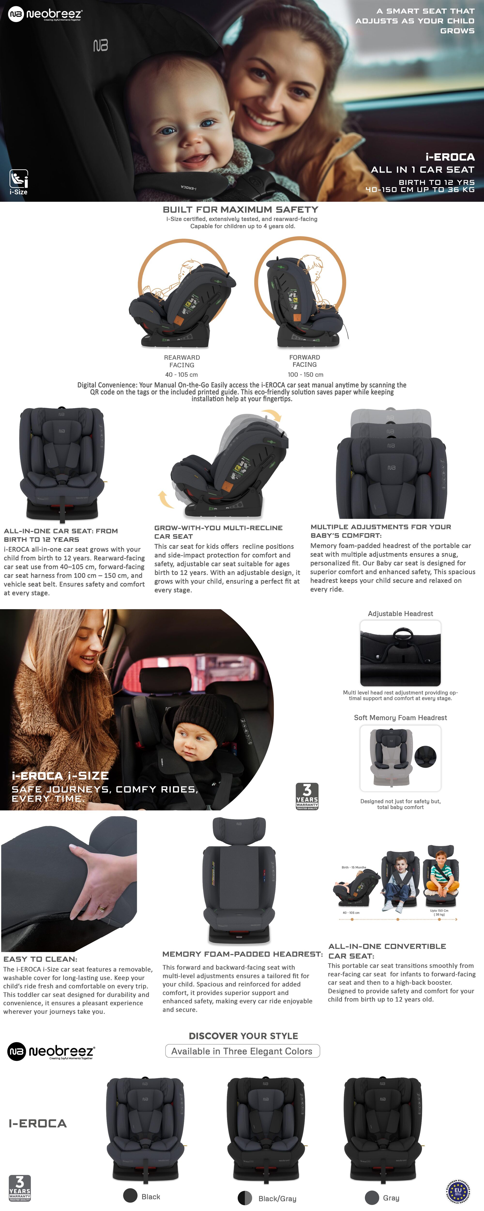 I-EROCA All-In-One Convertible Travel Baby Toddler Kids Child Boys Girls Car Seat, I-Size ECER129, Recline&Adjustable, Memory Foam, Injection Mold, Forward&Rear Facing, 0-36 Kg, 0-12Yrs, Group 0/1/2/3
