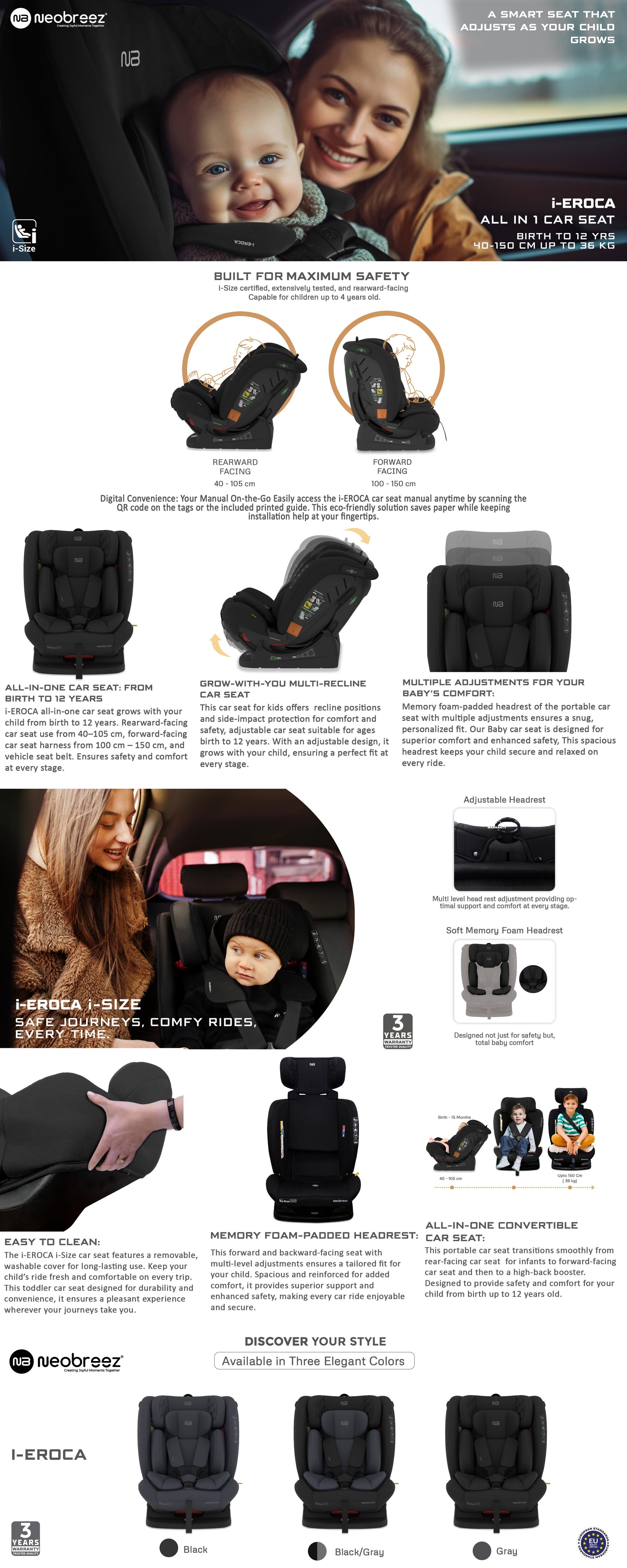 I-EROCA All-In-One Convertible Travel Baby Toddler Kids Child Boys Girls Car Seat, I-Size ECER129, Recline&Adjustable, Memory Foam, Injection Mold, Forward&Rear Facing, 0-36 Kg, 0-12Yrs, Group 0/1/2/3