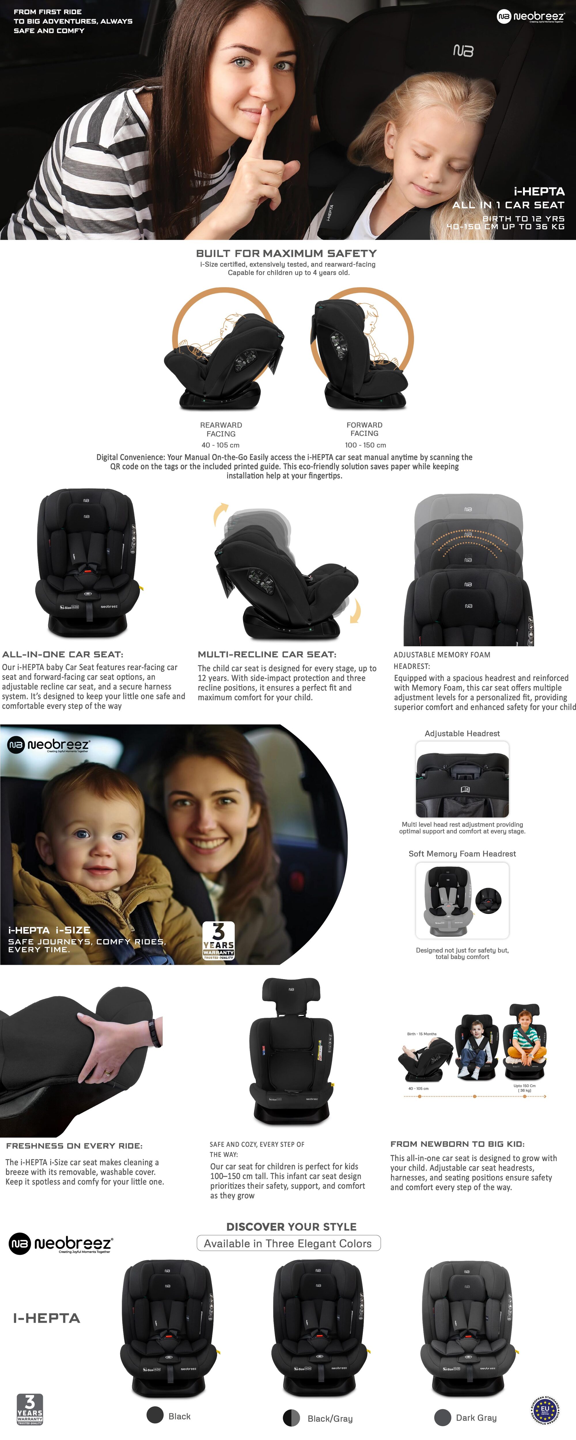 I-HEPTA All-in-1 Convertible Travel Car Seat for Baby, Toddler Child Girls Boys, i-Size, ECER129, Reclining&Adjustable Memory Foam, Lumbar&Reducing Cushion 0–36kg, 0–12Yrs, Group 0/1/2/3, 5-Point Harness