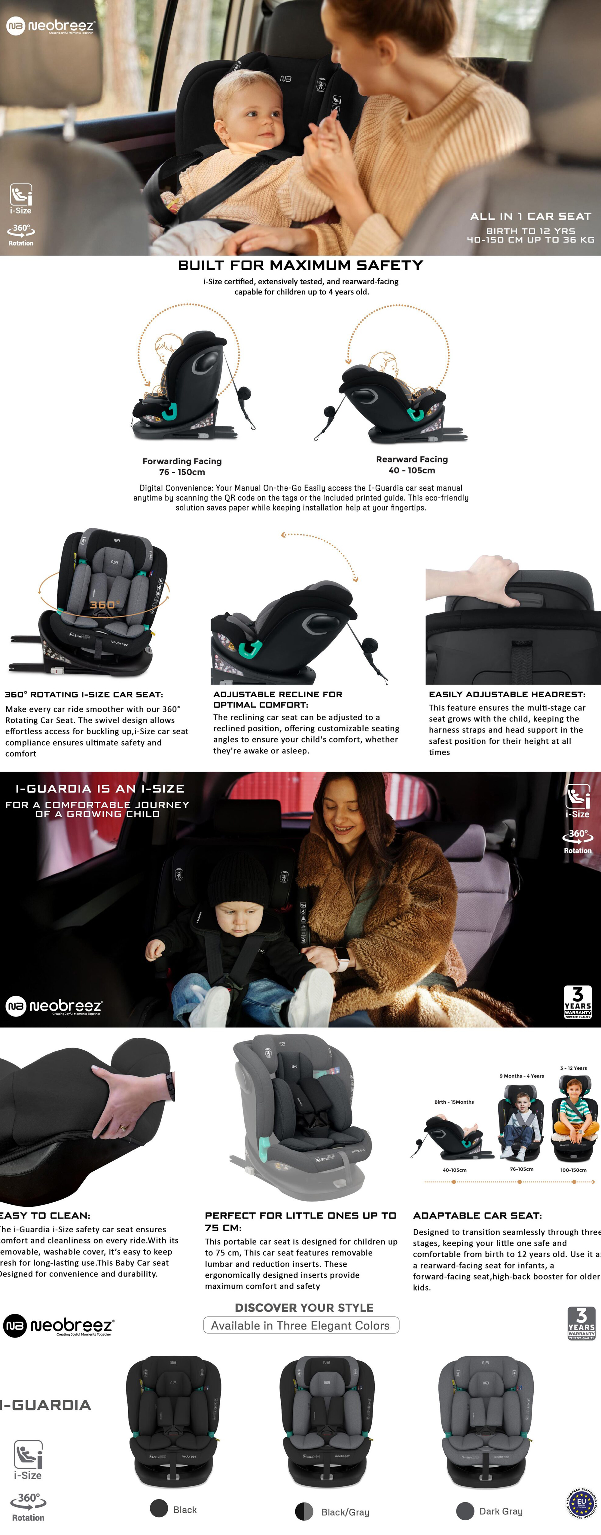 i-GUARDIA 360° ISOFIX i-Size Baby Car Seat, All-in-1 Convertible Kids Toddler Seat, ECER129, Recline& Adjustable, Side Impact Protection, Memory Foam 0-12Yrs, 0-36Kg, Group 0 +/1/2/5, 5-Point Harness