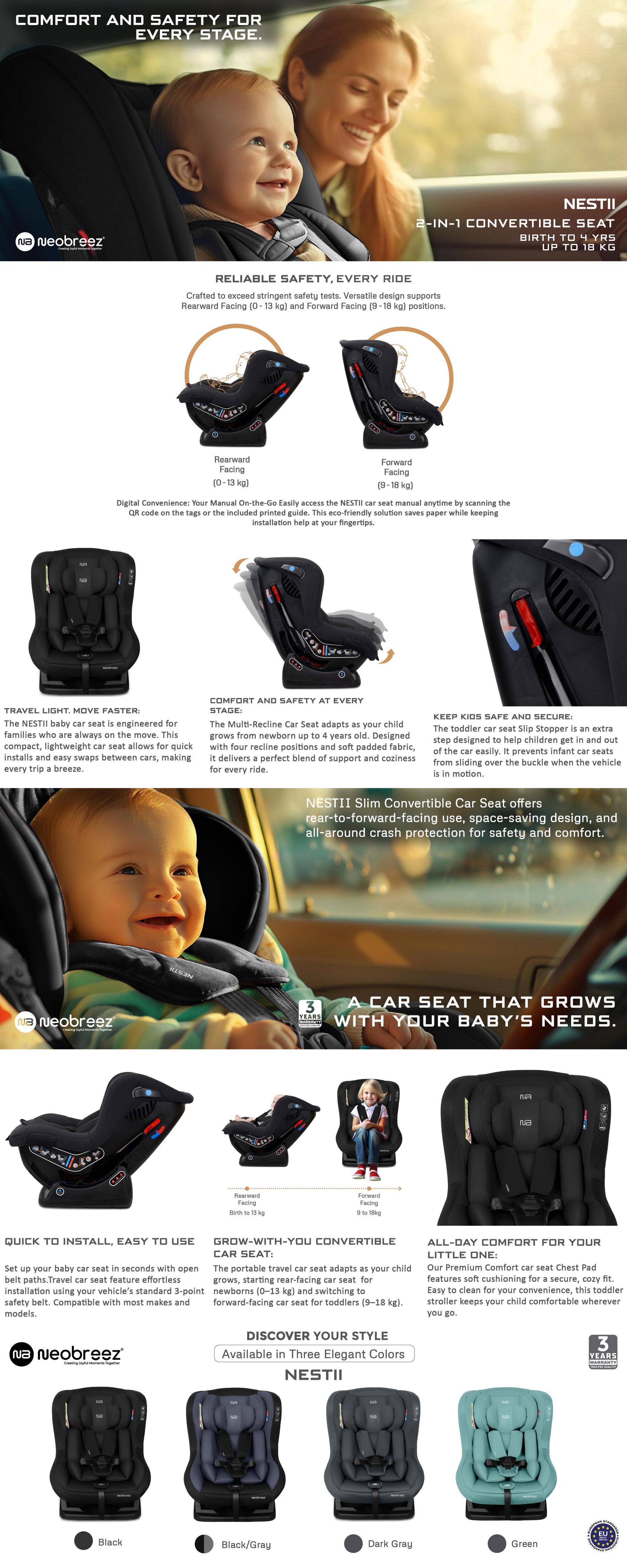 NESTII Infant/Baby/Kids/Toddler Travel 2 In 1 Convertible Car Seat, ECER44, Reducer & Wedge, Forward Facing&Rear Facing,  Slip Stopper, Injection Mold, 4 Level Recline, 0-4Yrs, 18Kg, Group 0+/1, 5 Point Harness