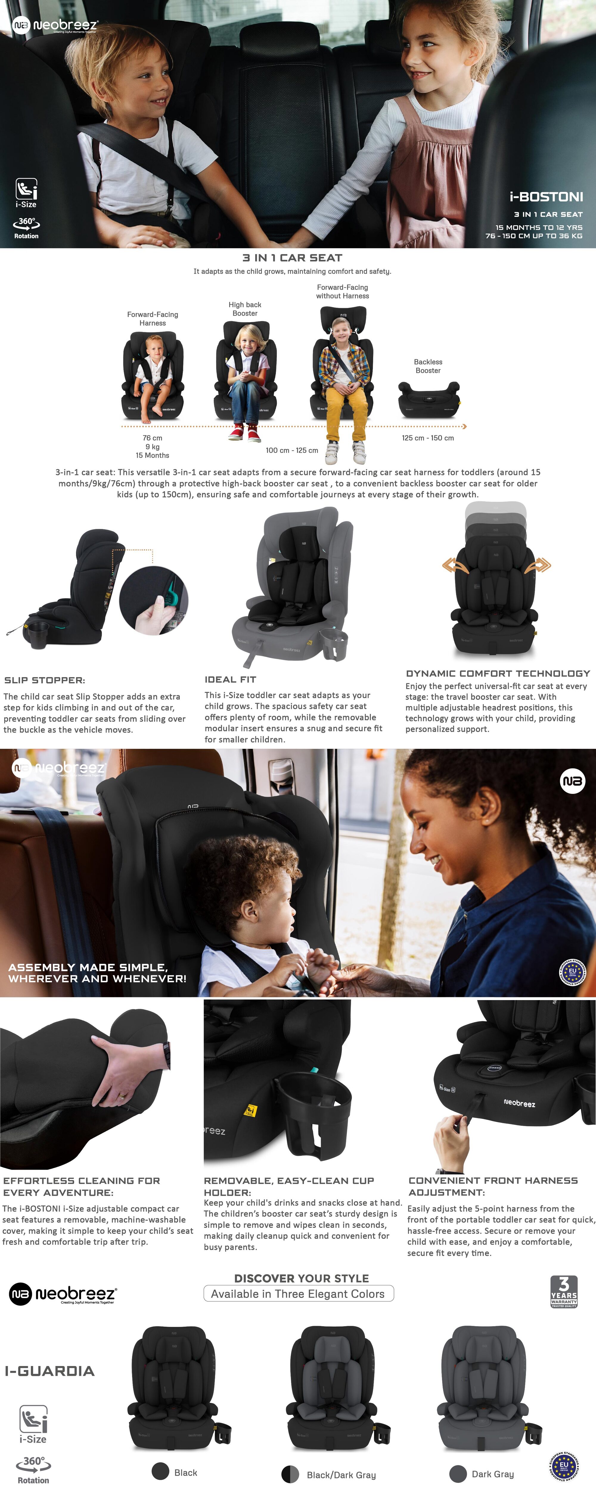 I-BOSTONI Universal Baby/Kids/Child/Toddler Safety 3-In-1 Car Seat, I-Size,  ECER129, High Back Booster Car Seat, Adjustable Headrest, 3-Point Safety Belt, 9-36 Kg, 15m-12Yrs, Group 1/2/3, 5-Point Harness