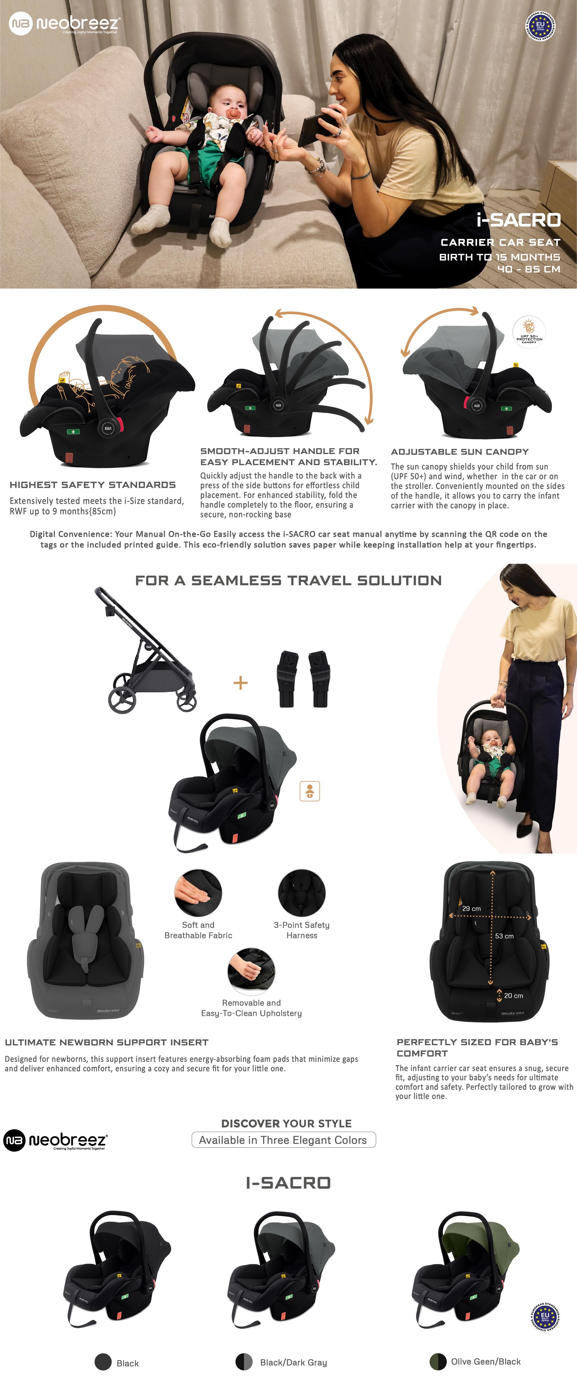 I-SACRO I-Size Infant Travel Portable Car Seat, Lightweight Baby Car Seat Carrier, Carry Cot, Includes Seat Reducer&Seat Wedge, 3 Point Harness, ECER129, Waterproof Canopy, Newborn to 15months, 13Kg, Group 0+