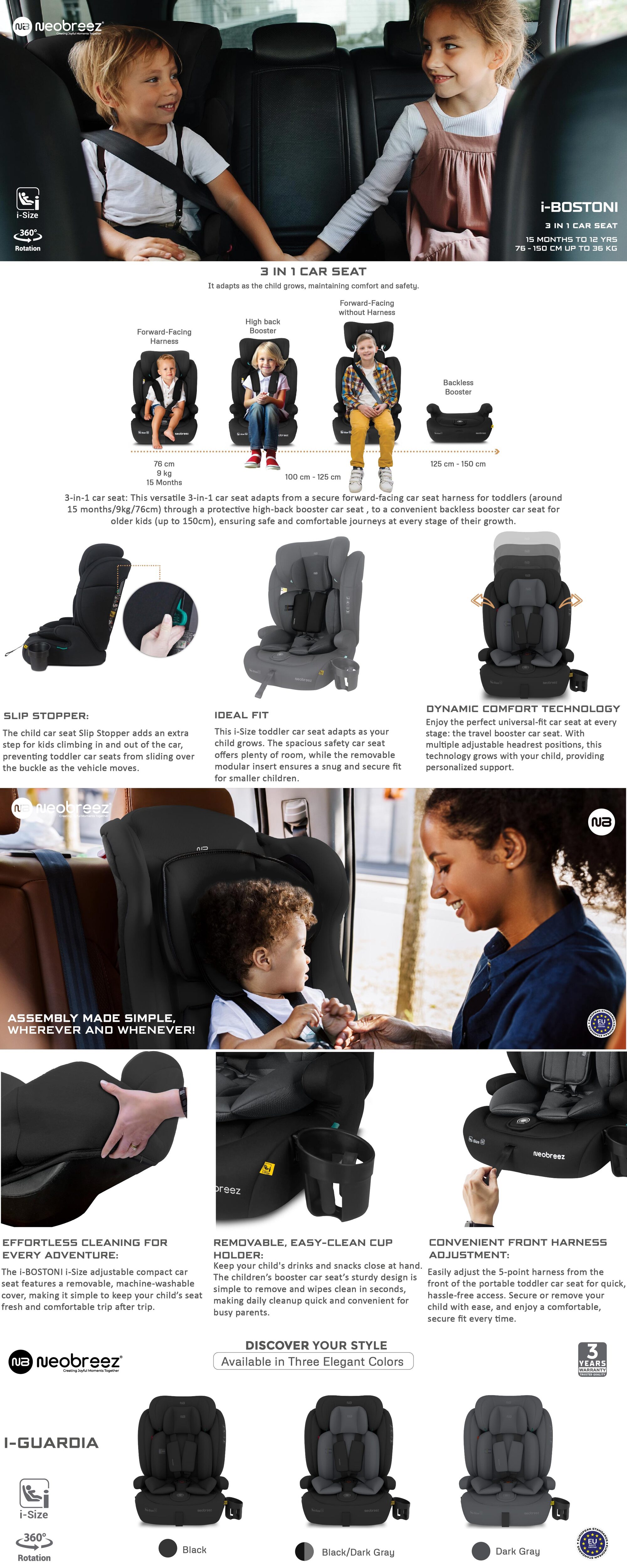 I-BOSTONI Universal Baby/Kids/Child/Toddler Safety 3-In-1 Car Seat, I-Size,  ECER129, High Back Booster Car Seat, Adjustable Headrest, 3-Point Safety Belt, 9-36 Kg, 15m-12Yrs, Group 1/2/3, 5-Point Harness