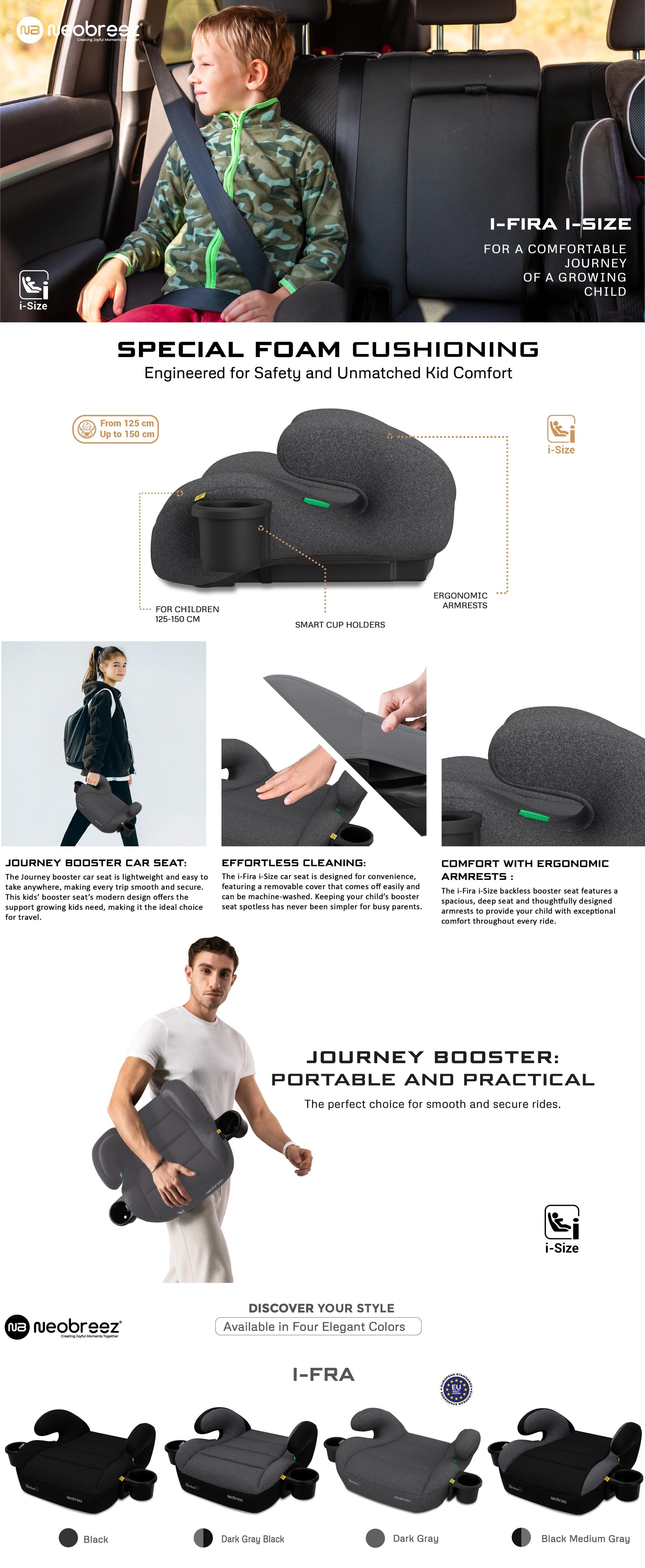 I-FIRA I-Size Backless Booster Car Seat, Double Padded Foam, Compact, Lightweight&Portable Travel Childrens Kids Boys Girls Car Seat, Arm Rest Seat, 2 Cup Holder, ECER129, 6-12Yrs, 22-36Kg, Group 3