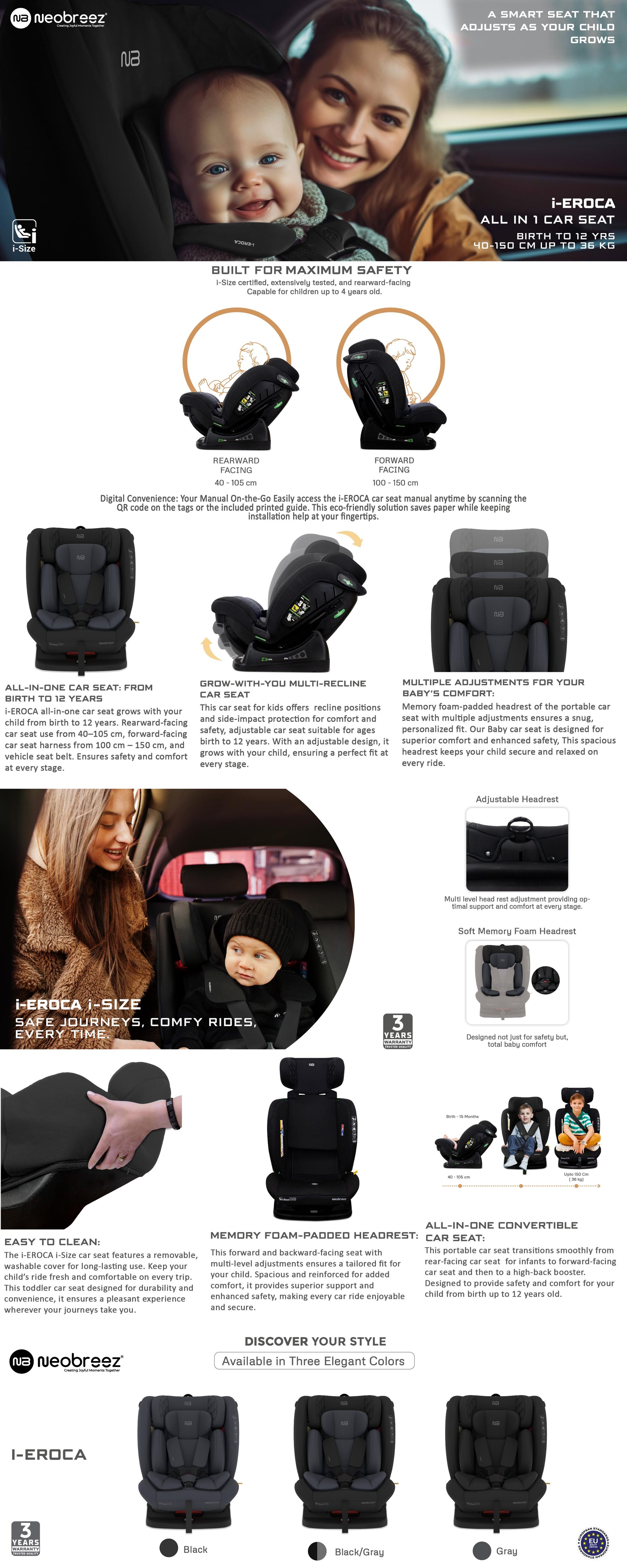 I-EROCA All-In-One Convertible Travel Baby Toddler Kids Child Boys Girls Car Seat, I-Size ECER129, Recline&Adjustable, Memory Foam, Injection Mold, Forward&Rear Facing, 0-36 Kg, 0-12Yrs, Group 0/1/2/3