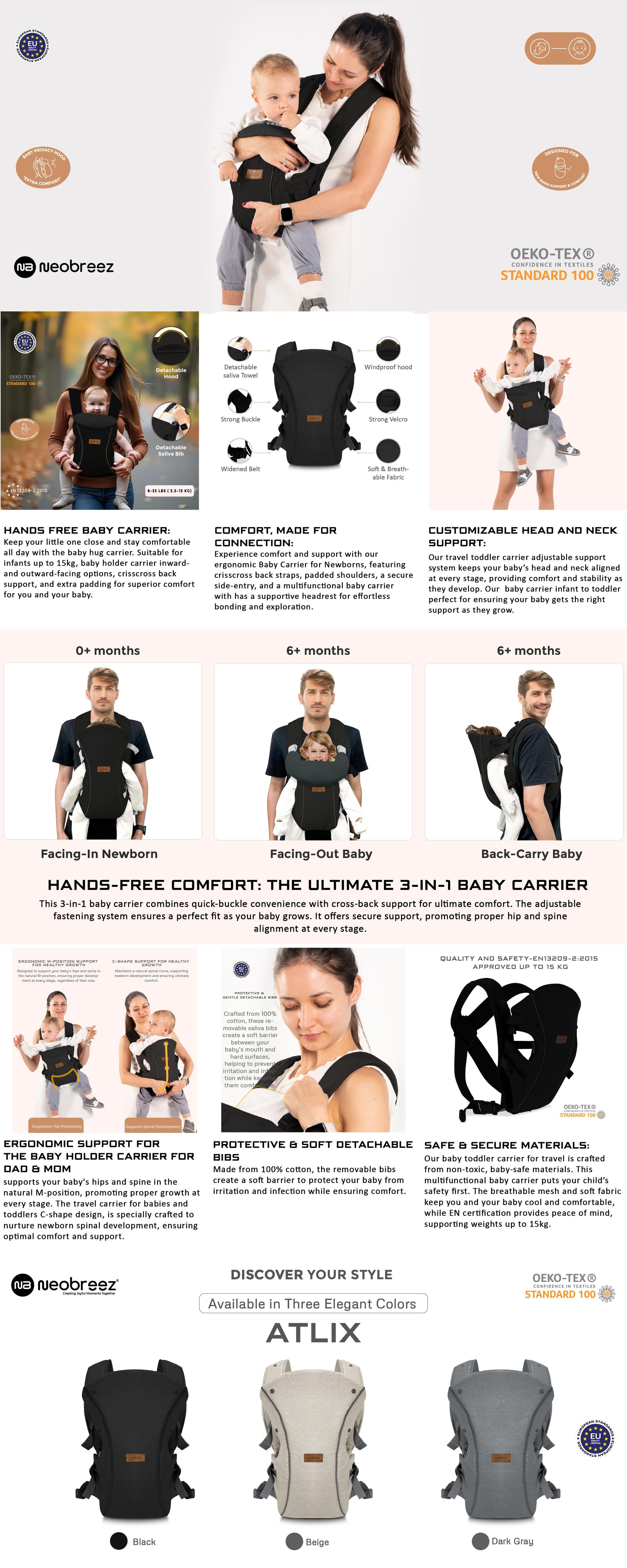 ATLIX 3-in-1 Convertible Adjustable Wrap Baby Carrier for Newborns To Toddler,  Extra Soft&Ergonomic Baby Wrap with Head Support, Detachable Privacy Hood&Saliva Bib, Infant Carrier, 8-33lbs, 3-15kg