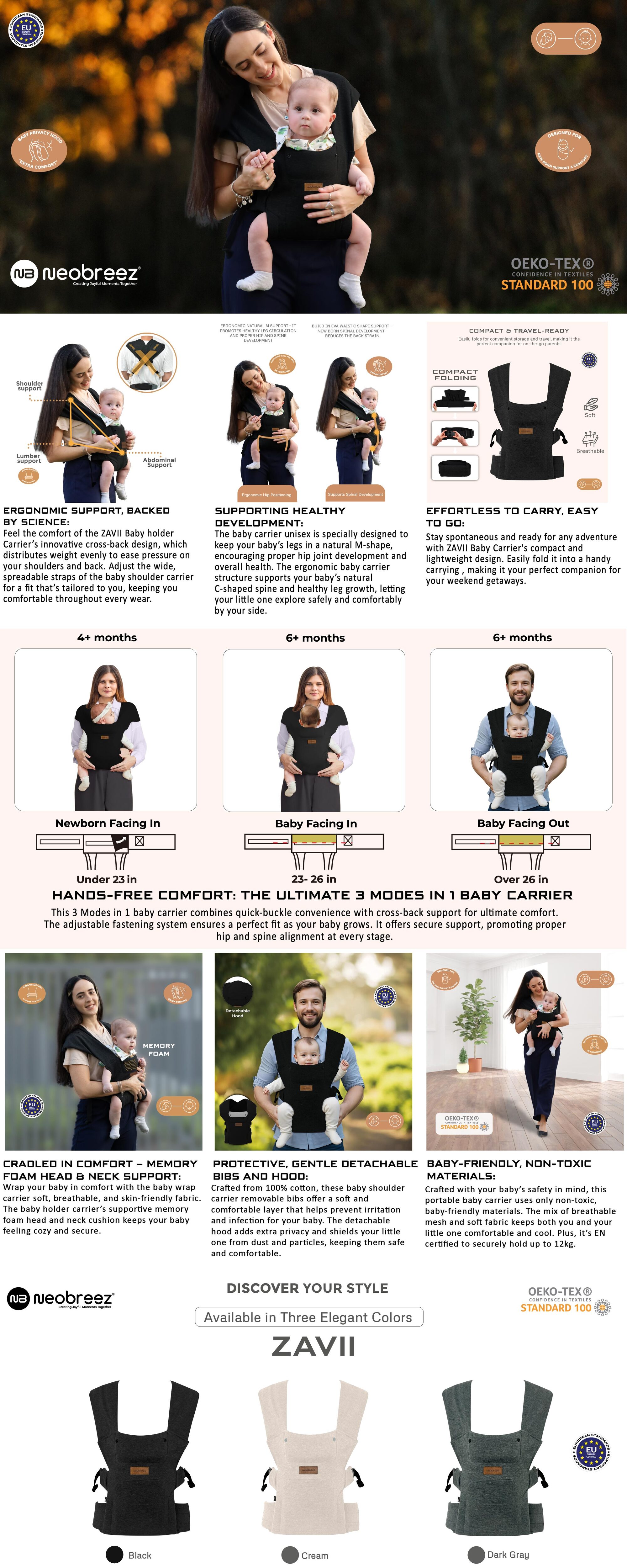 ZAVII 2-in-1 Convertible Baby Carrier for Newborns to Toddlers, Extra Soft&Ergonomic Baby Wrap with Head Support,  Detachable Privacy Hood&Saliva Bib, Lightweight, Adjustable Hip Carrier, 7–26 lbs, 3–12 kg