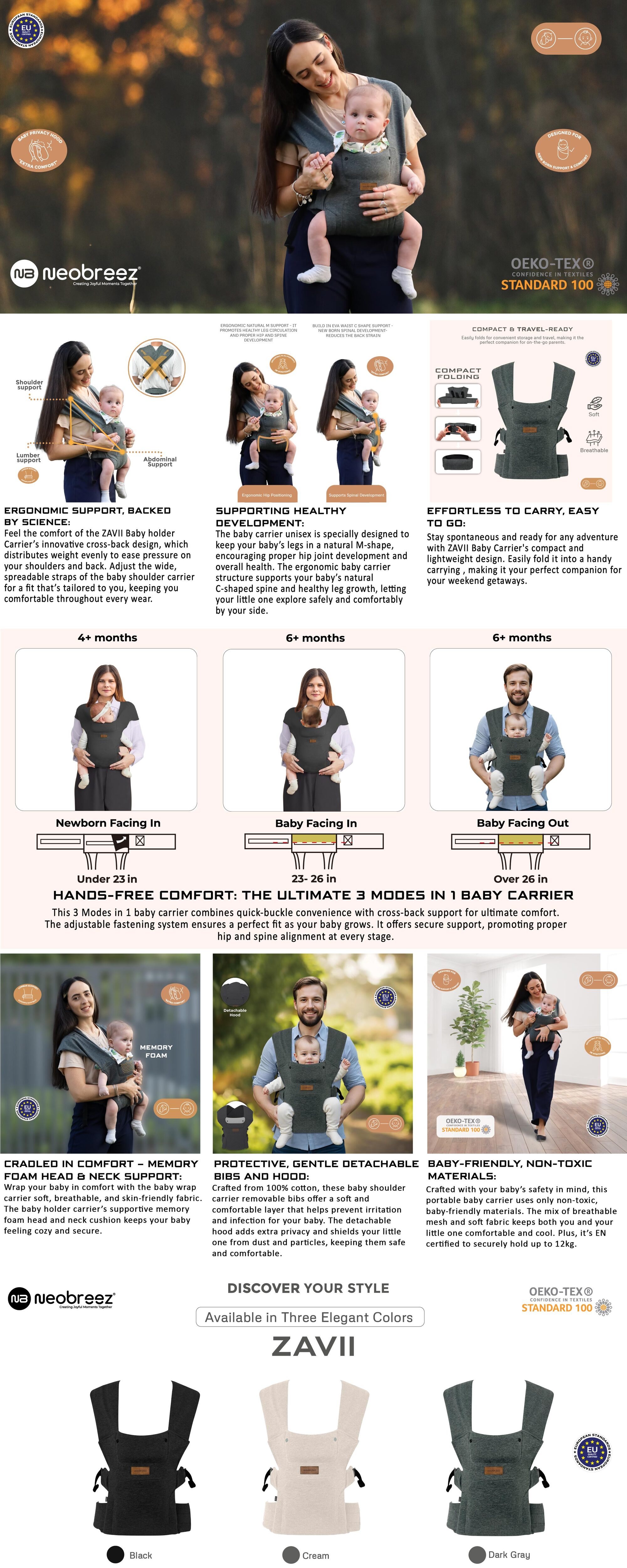 ZAVII 2-in-1 Convertible Baby Carrier for Newborns to Toddlers, Extra Soft&Ergonomic Baby Wrap with Head Support,  Detachable Privacy Hood&Saliva Bib, Lightweight, Adjustable Hip Carrier, 7–26 lbs, 3–12 kg