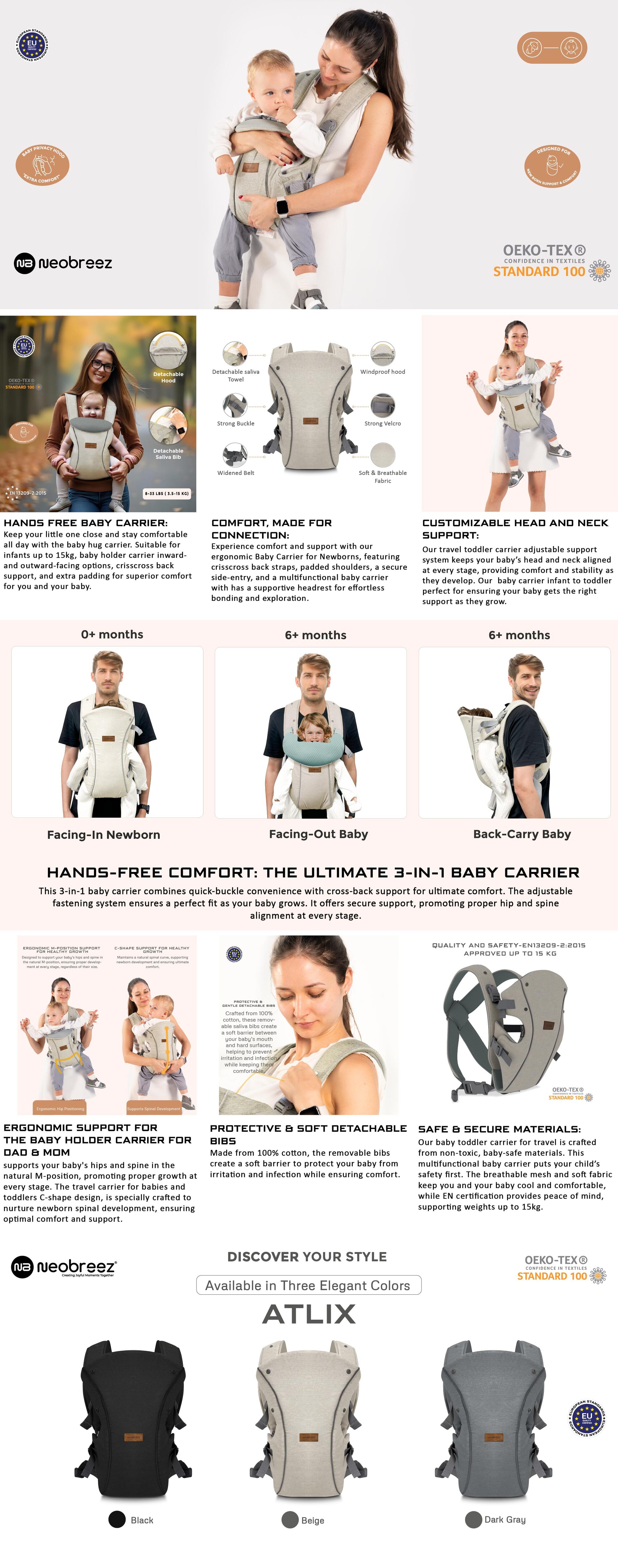 ATLIX 3-in-1 Convertible Adjustable Wrap Baby Carrier for Newborns To Toddler,  Extra Soft&Ergonomic Baby Wrap with Head Support, Detachable Privacy Hood&Saliva Bib, Infant Carrier, 8-33lbs, 3-15kg