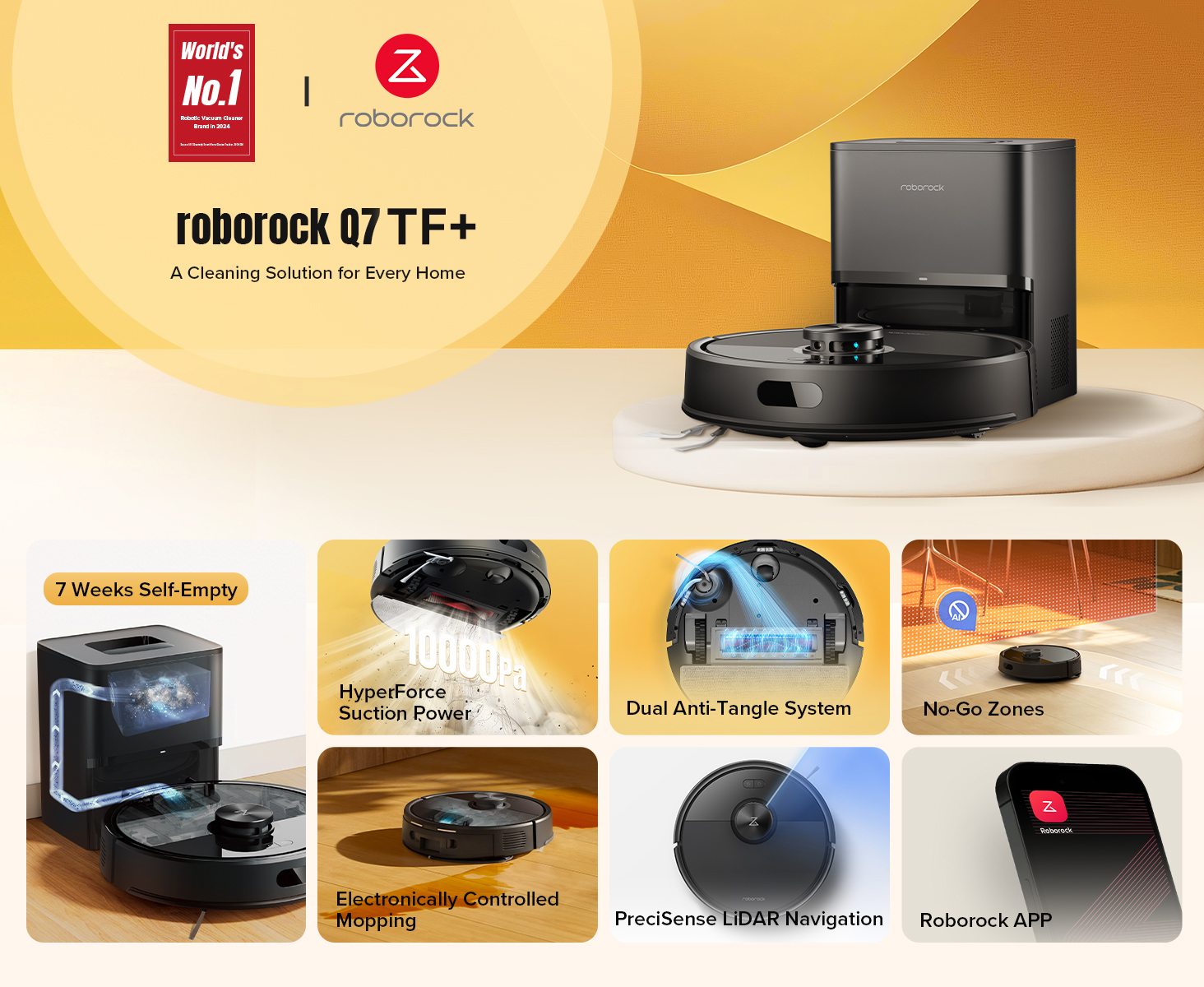 Q7 TF + Robot Vacuum and Mop, Upgraded from Q5 Max+, 7 Weeks Self-Emptying, 10000Pa Suction, Dual Anti-Tangle System, for Pet Hair & Carpet, PreciSense LiDAR Navigation, App Control, 60 W 60 W Q7 TF + Black