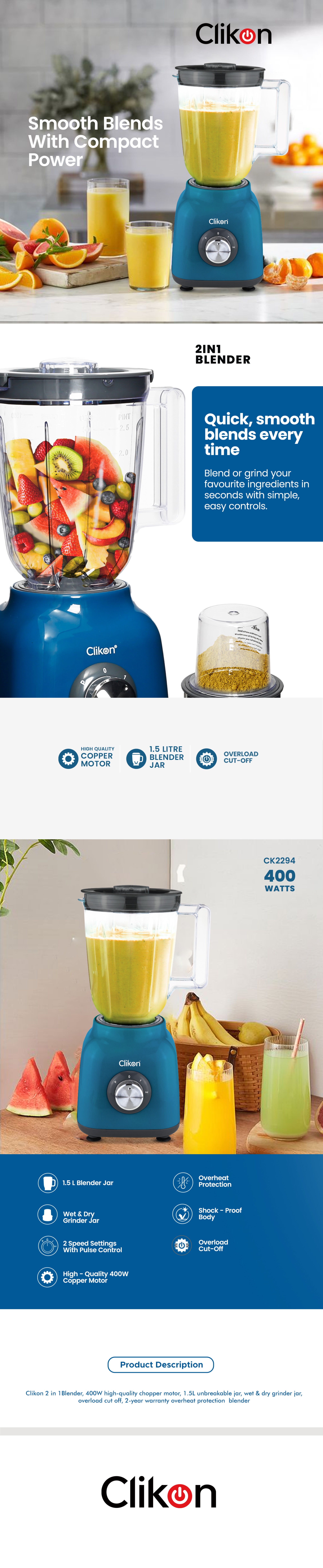 2 in 1 Blender With Powerful Copper Motor and 1.5l Unbreakable Jar 1.5 L 400 W CK2294 Red