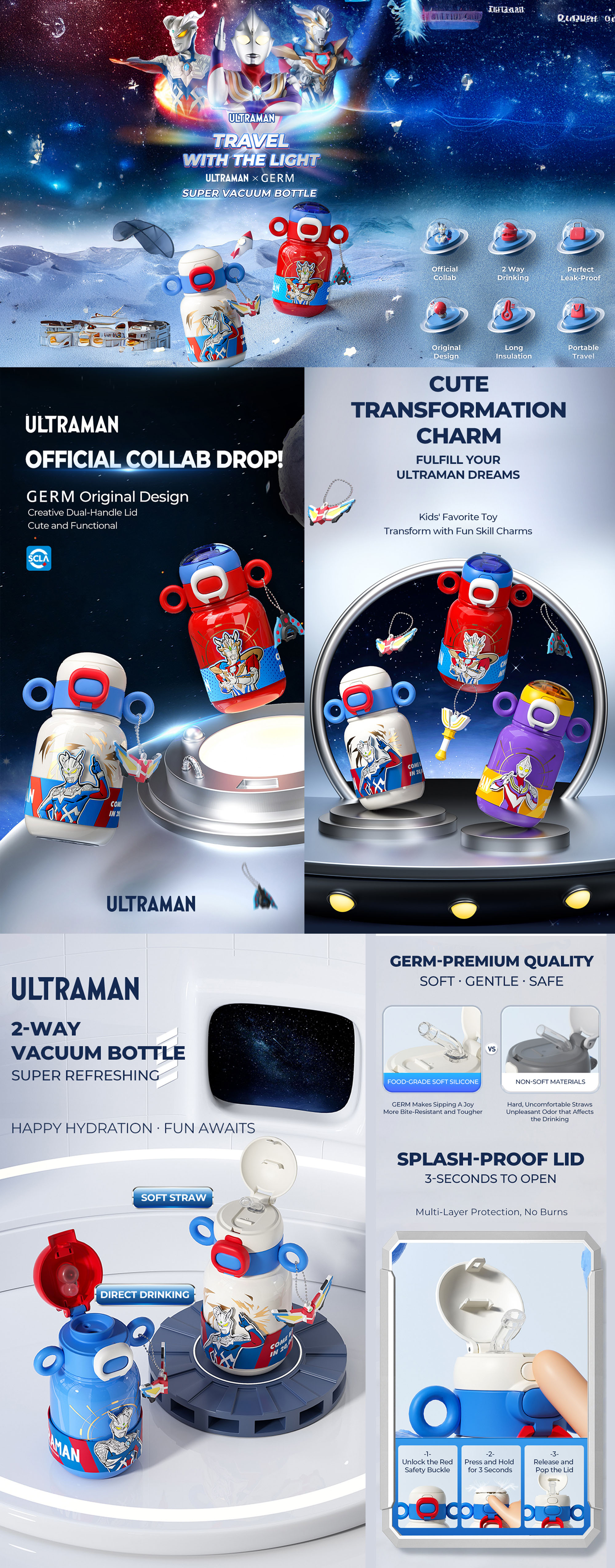 Ultraman Zeta Red Vacuum Bottle 500ml | GERM Super Series Stainless Steel Thermos Flask with Mouthpiece | BPA-Free Hot & Cold Travel Bottle | Leak-Proof Kids & Adult Vacuum Cup | Official Tsuburaya Product