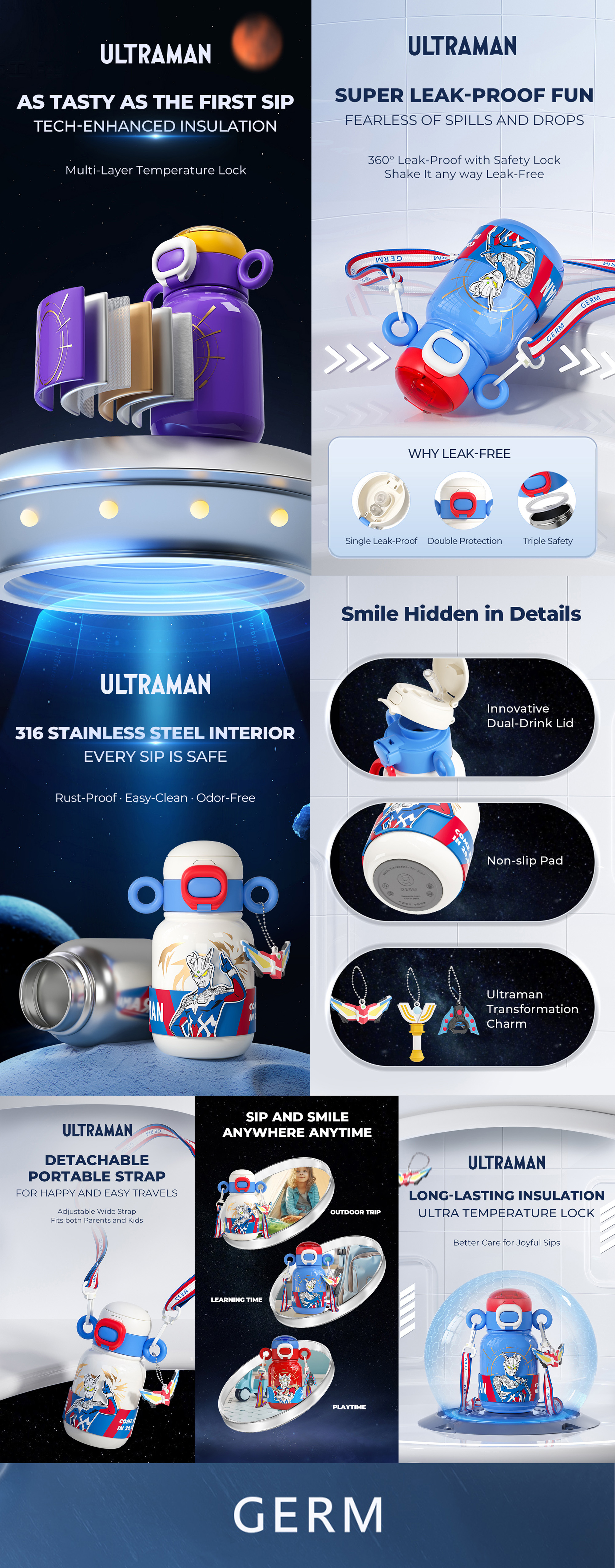 Ultraman Zeta Red Vacuum Bottle 500ml | GERM Super Series Stainless Steel Thermos Flask with Mouthpiece | BPA-Free Hot & Cold Travel Bottle | Leak-Proof Kids & Adult Vacuum Cup | Official Tsuburaya Product