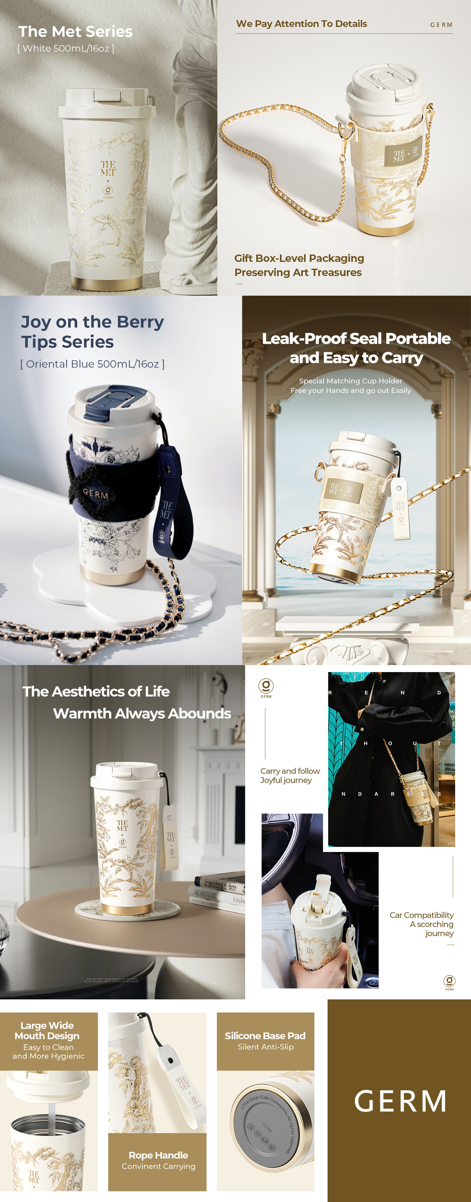 Oriental Blue Floral Thermos Tumbler 500ml | GERM × THE MET Regal Bloom Series Vacuum Mug | BPA-Free Stainless Steel Insulated Cup with Straw Lid | Hot & Cold Travel Bottle | Leak-Proof Art-Inspired Design