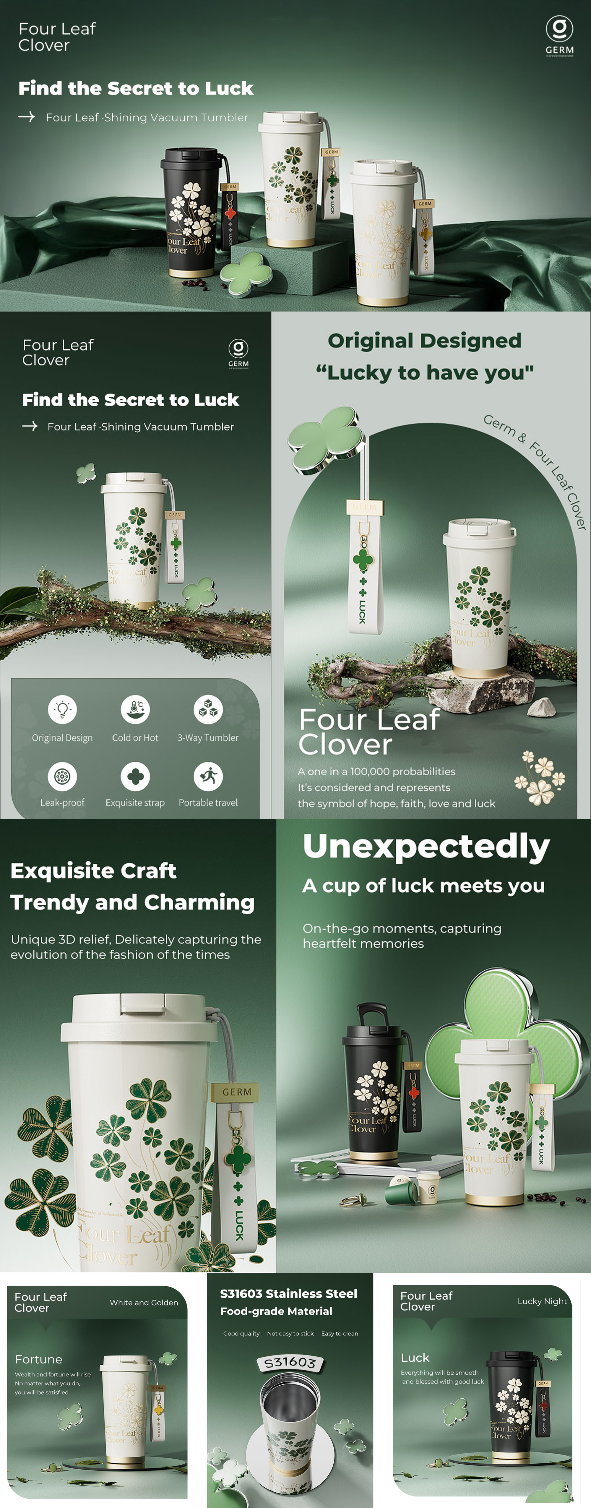 Happy Green Coffee Tumbler 500ml | GERM Clover Shining Series Stainless Steel Vacuum Flask with Straw Lid | BPA-Free Leak-Proof Insulated Travel Cup | Hot & Cold Reusable Mug for Office, School & Daily Use