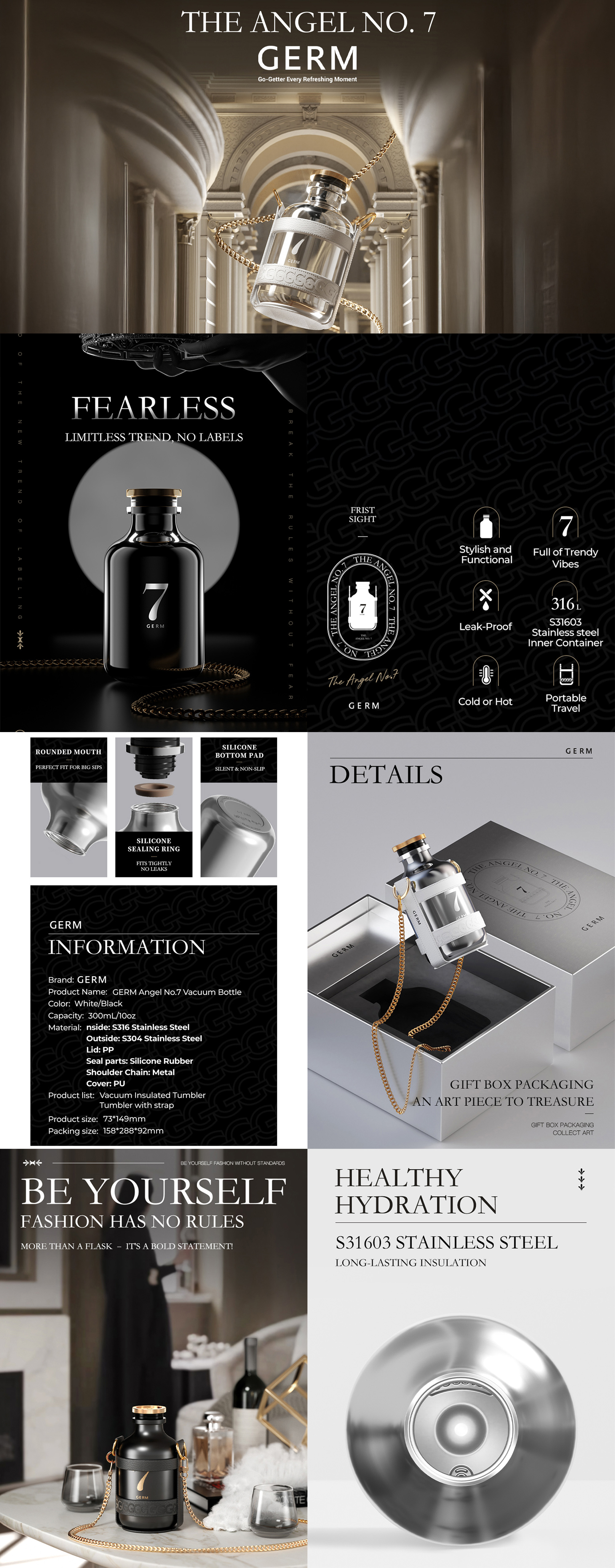 GERM Vacuum Bottle – Jet Black | 300ml Mini Insulated Stainless Steel Flask | Compact Travel Thermos | BPA-Free Leak-Proof Coffee Bottle | Keeps Hot & Cold for 12 Hours