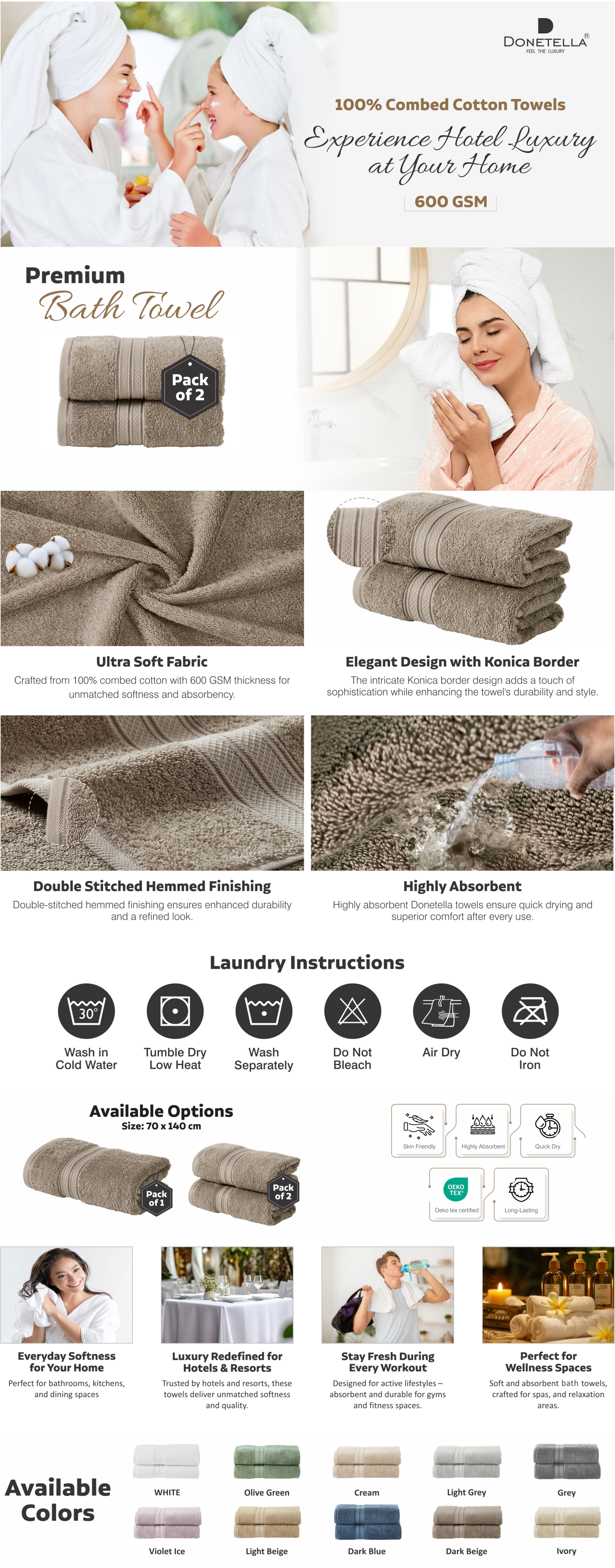 Premium 100 % Combed Cotton 2-Pcs Bath Towel Set (70 X 140 CM) 600 GSM Large Towel, Highly Absorbent, Quick Dry,Best Towel for Bathroom, Spa And Hotel,White
